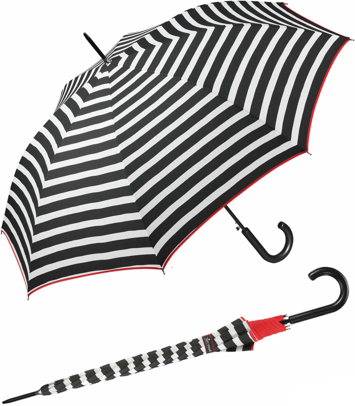 HAPPY RAIN Langregenschirm großer Damen-Regenschirm mit Auf-Automatik, bedruckt mit klassischen weißen Streifen
