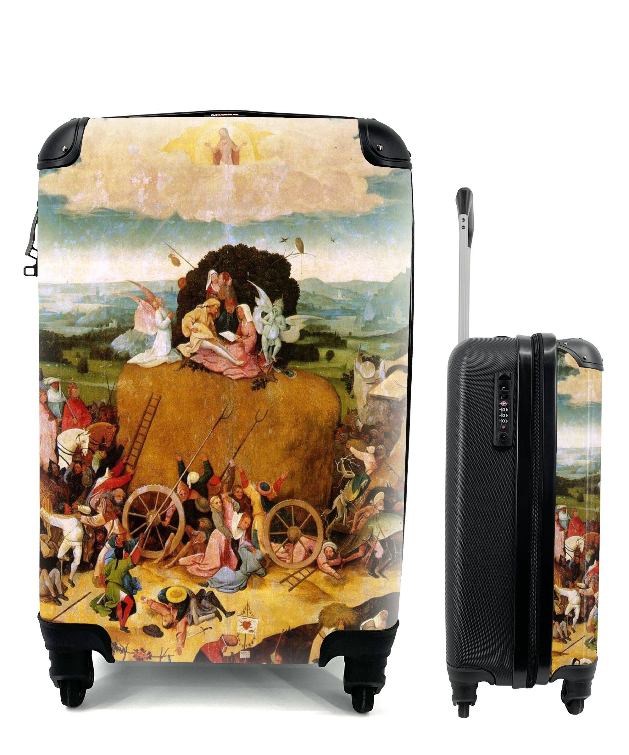 MuchoWow Handgepäckkoffer Heuwaage Mitteltafel des Triptychons - Gemälde von Hieronymus Bosch, 4 Rollen, Reisetasche mit rollen, Handgepäck für Ferien, Trolley, Reisekoffer | Handgepäck-Koffer