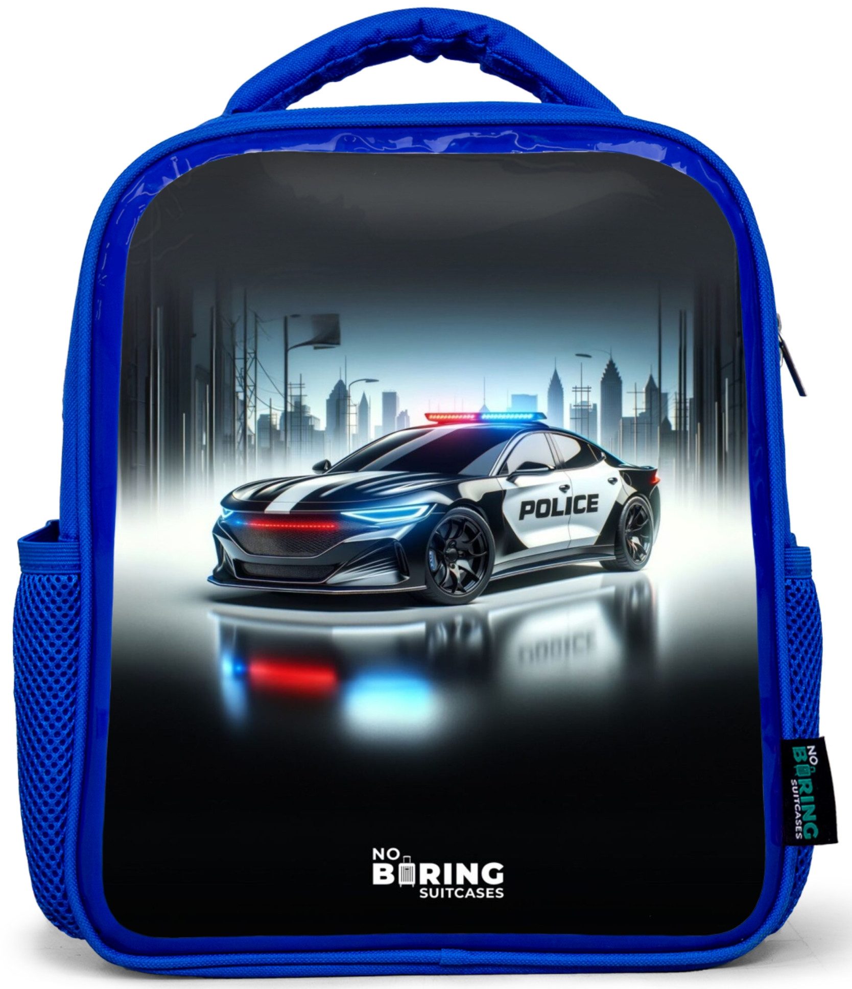 NoBoringSuitcases.com© Rucksack Blau - Schwarz-weißes Polizeiauto vor einer Skyline, Kinderrucksack, Schulrucksack, Freizeitrucksack, Jungen, Kindergarten