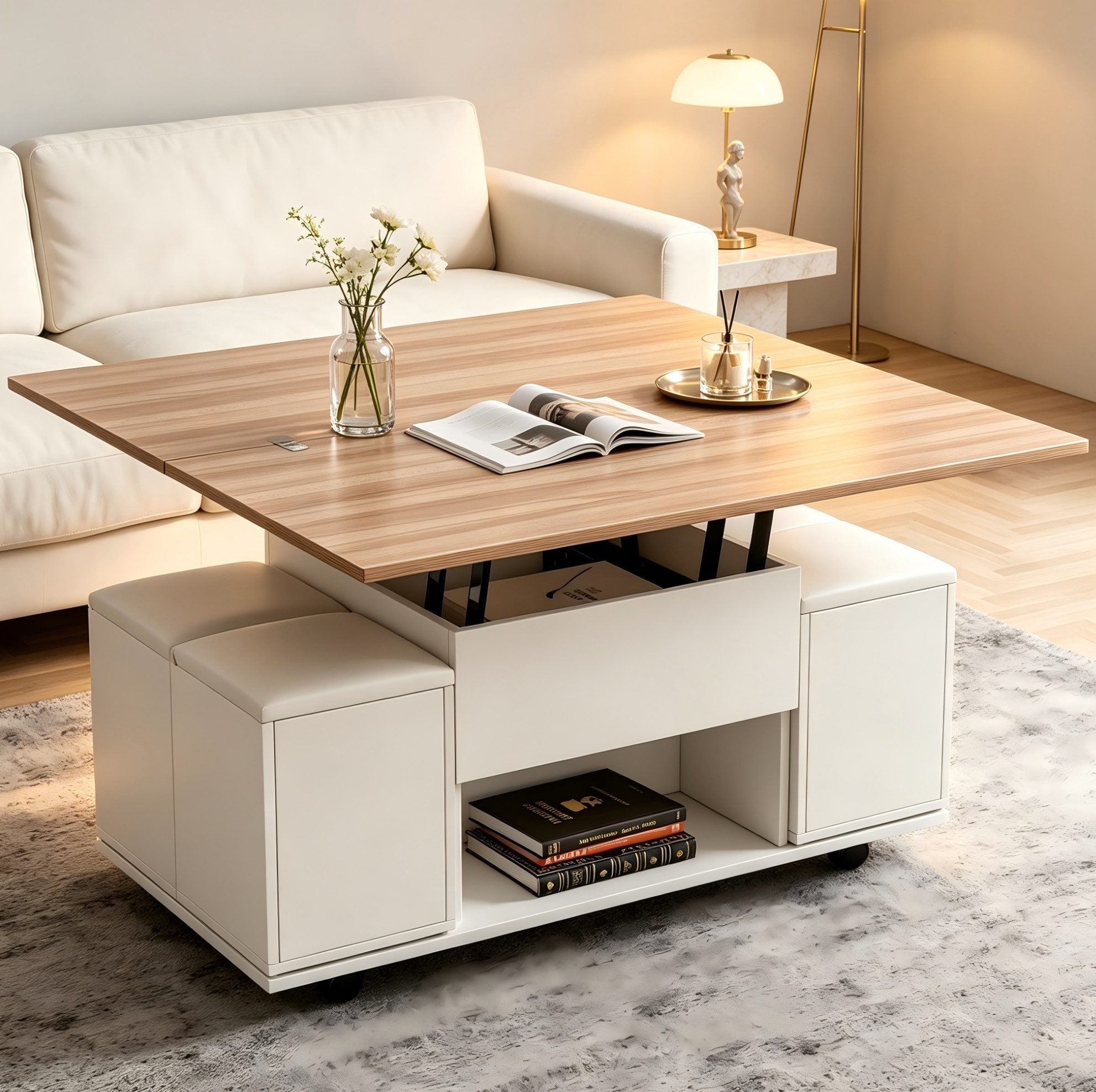OKWISH Couchtisch Kompakter Tisch mit 4 Hockern & Höhenverstellung (Packung, 1-St., Weiß+Natur, 100×50×48 cm, für Wohnzimmer & Esszimmer), 3-in-1, Rollen, Stauraum, vielseitig
