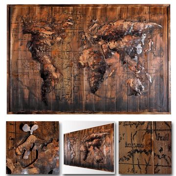 Home4Living Metallbild Handgefertigtes Holz-Metallbild Weltkarte120x80x5 Unikat Relief, Weltkarte, 3D Effekt