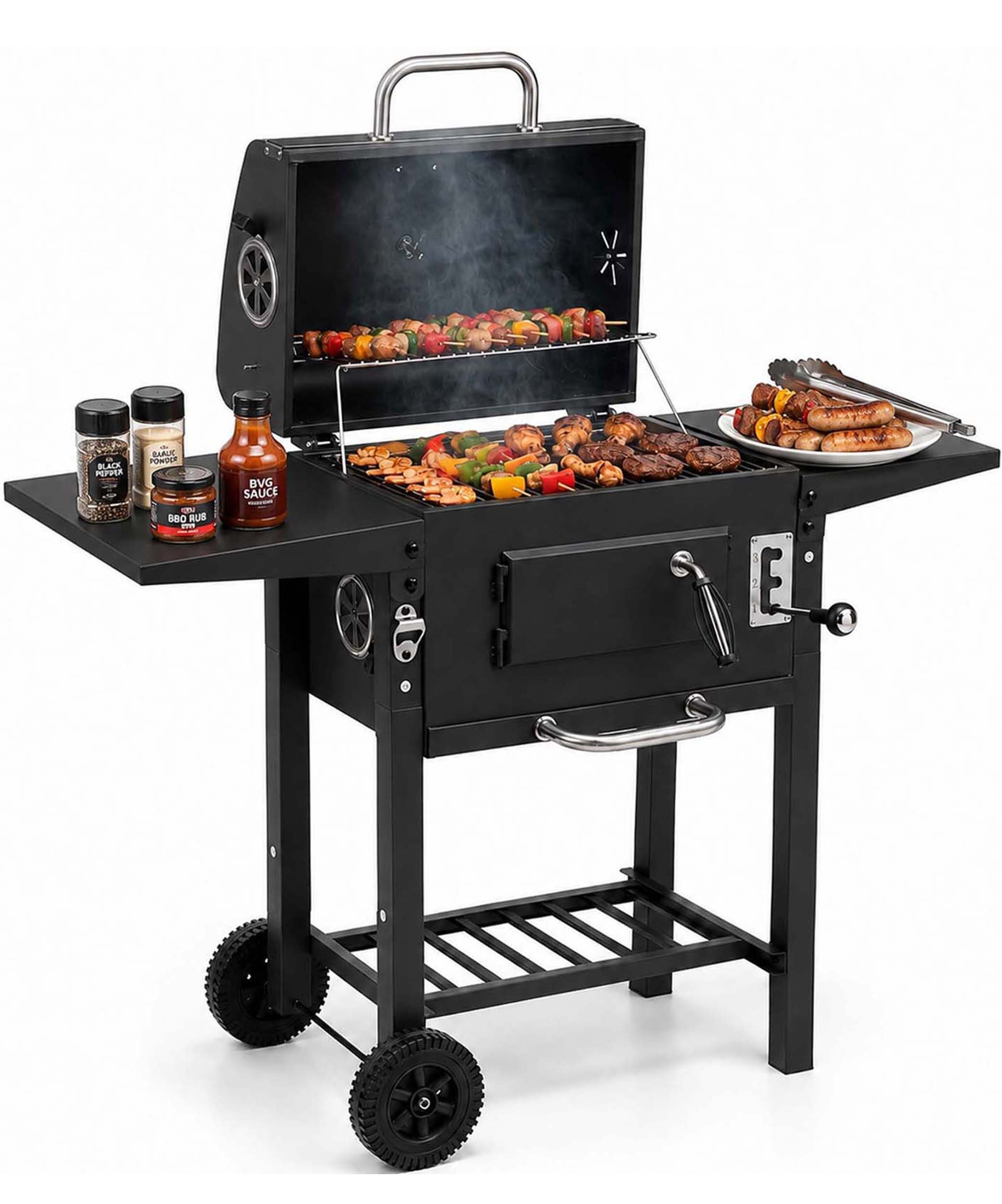 kehot Holzkohlegrill Holzkohlegrill Grillwagen mit Deckel und Grillfläche 45,5x30 cm, BBQ Grillwagen mit 2 Seitenablagen und Ablagegitter unten, Mobiler Holzkohlegrill auf Rollen für Garten Balkon und Camping, Stabiler Outdoor Grill aus lackiertem Stahl mit verchromtem Grillrost
