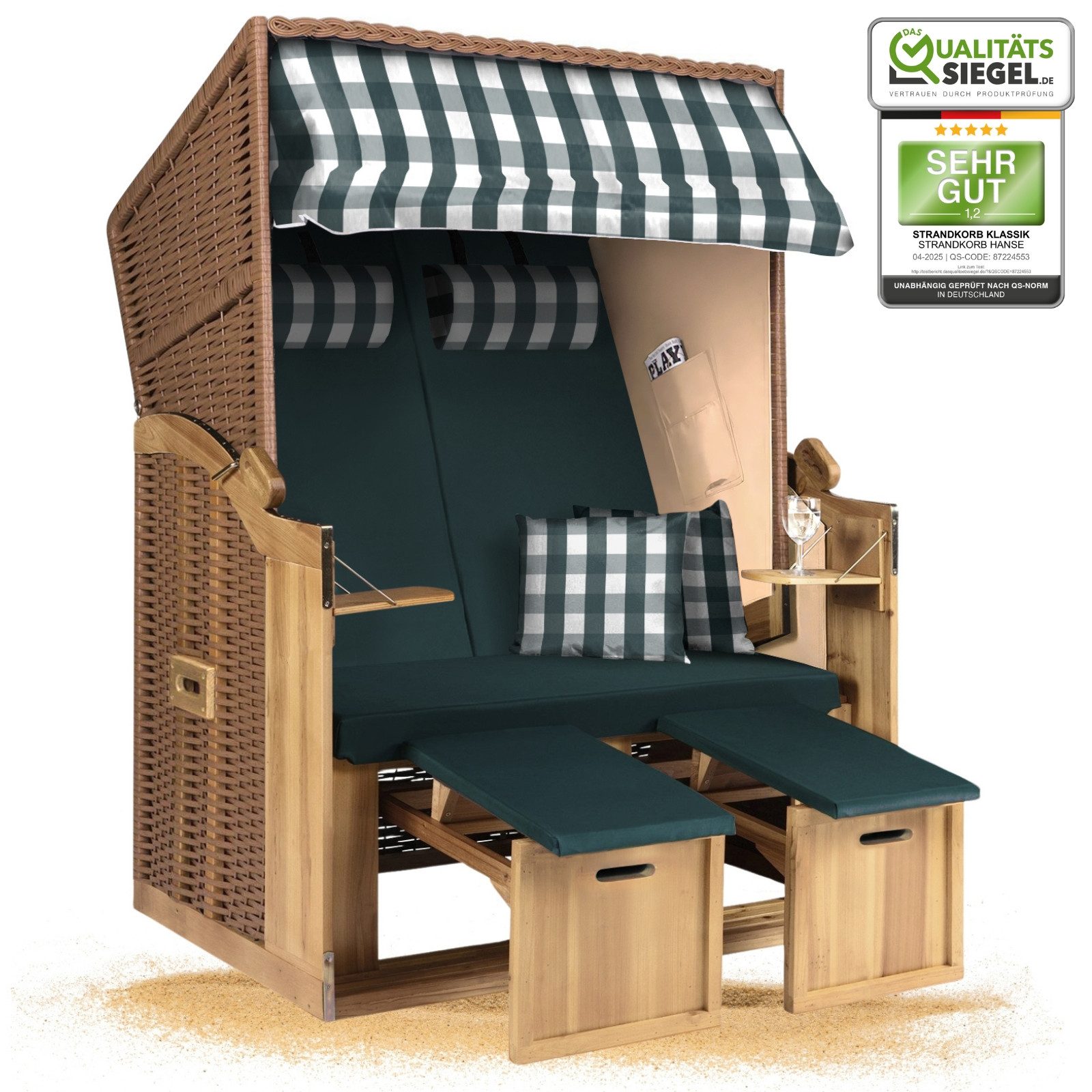 Strandkorb Hanse Strandkorb Strandkorb 2-Sitzer Ostsee Volllieger in Natur Beige Grün, BxTxH: 120x80x160 cm, Ostsee Volllieger, Ostsee 2-Sitzer Modell 2025, Stabiles Wacholder mit handgefertigtem Polyrattangeflecht