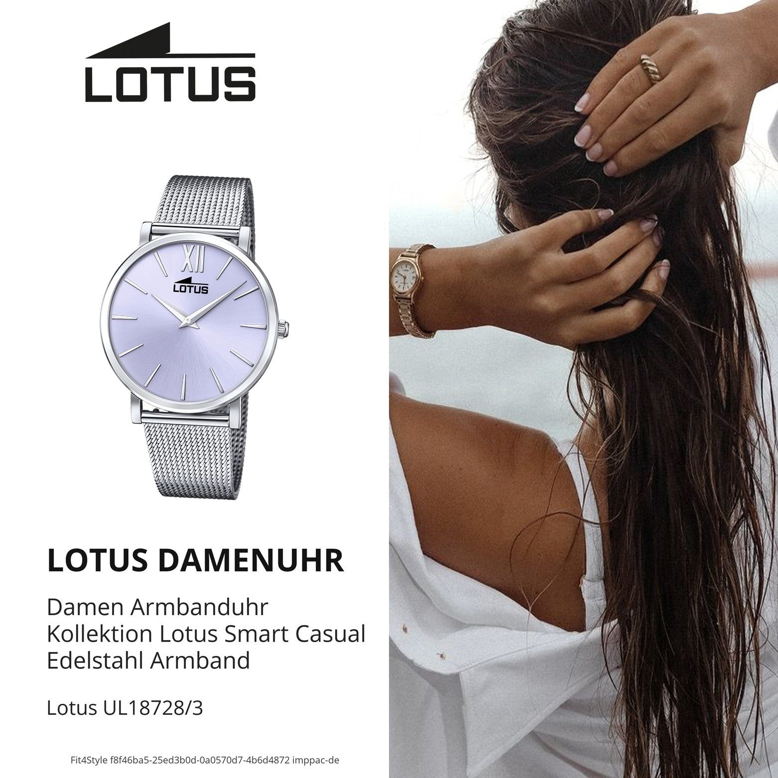 Smart Armbanduhr Damen Casual, Lotus rund, (ca. Edelstahlarmband Quarzuhr mittel Damenuhr silber Lotus 38mm)