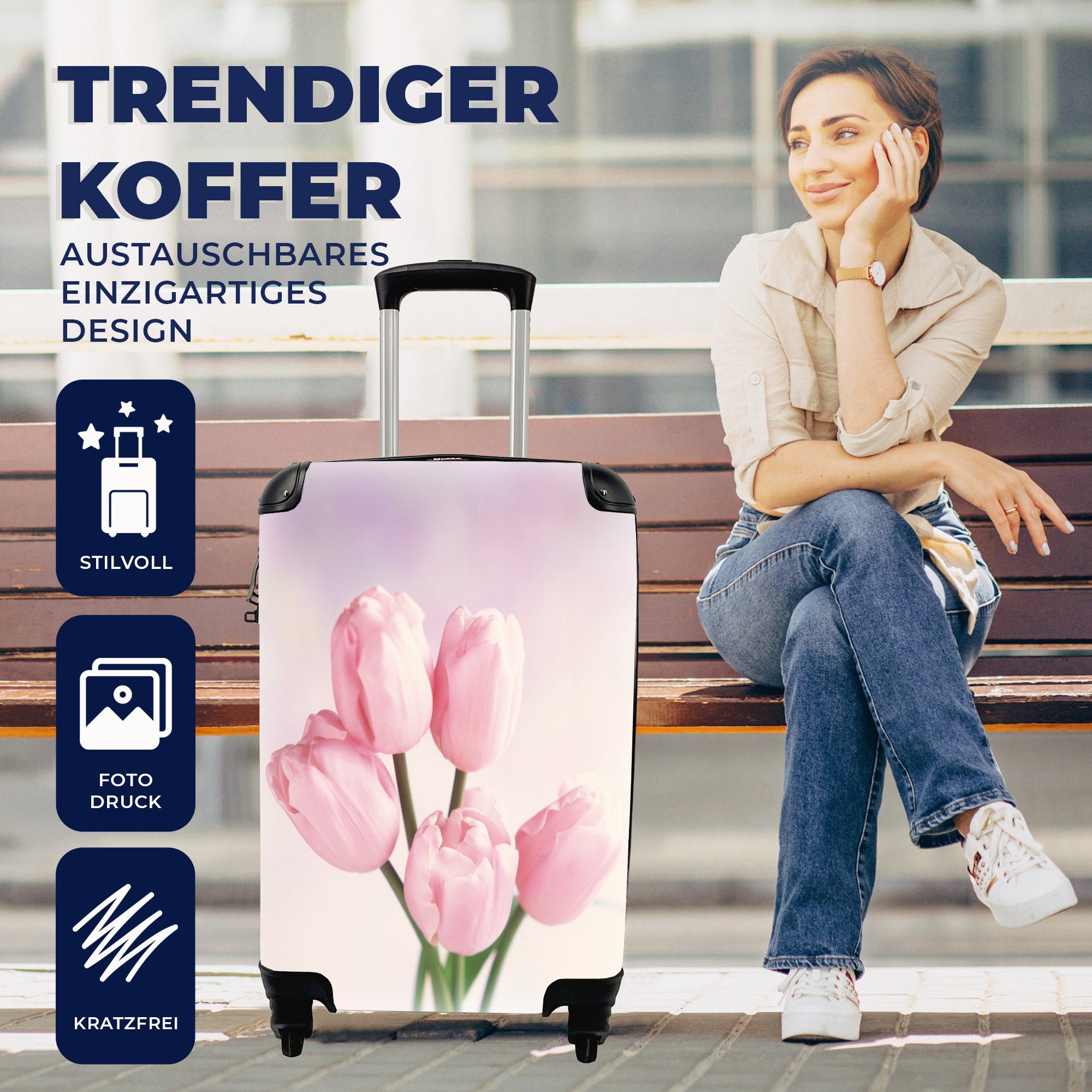 MuchoWow Handgepäckkoffer Nahaufnahme von mit 4 Rollen, Reisetasche rollen, Reisekoffer Handgepäck Trolley, für Tulpen, Ferien, rosa