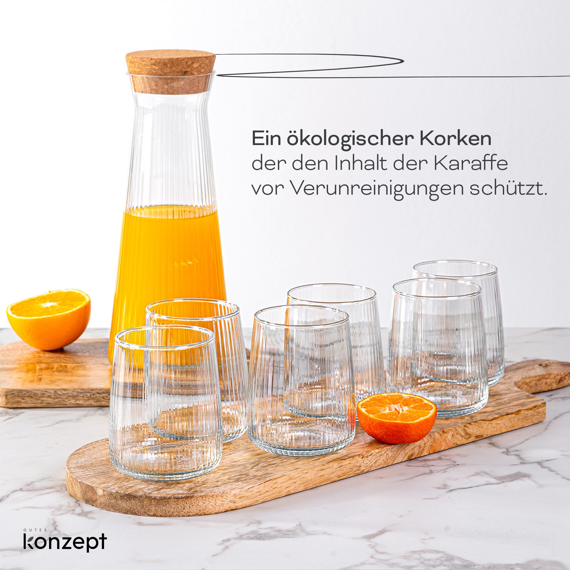 KONZEPT Wasserkaraffe 1 L mit 6 Gläsern (320 ml) – Elegantes Set für Zuhause oder Café, (6-tlg), Modernes, langlebiges Design – stilvoll und spülmaschinengeeignet