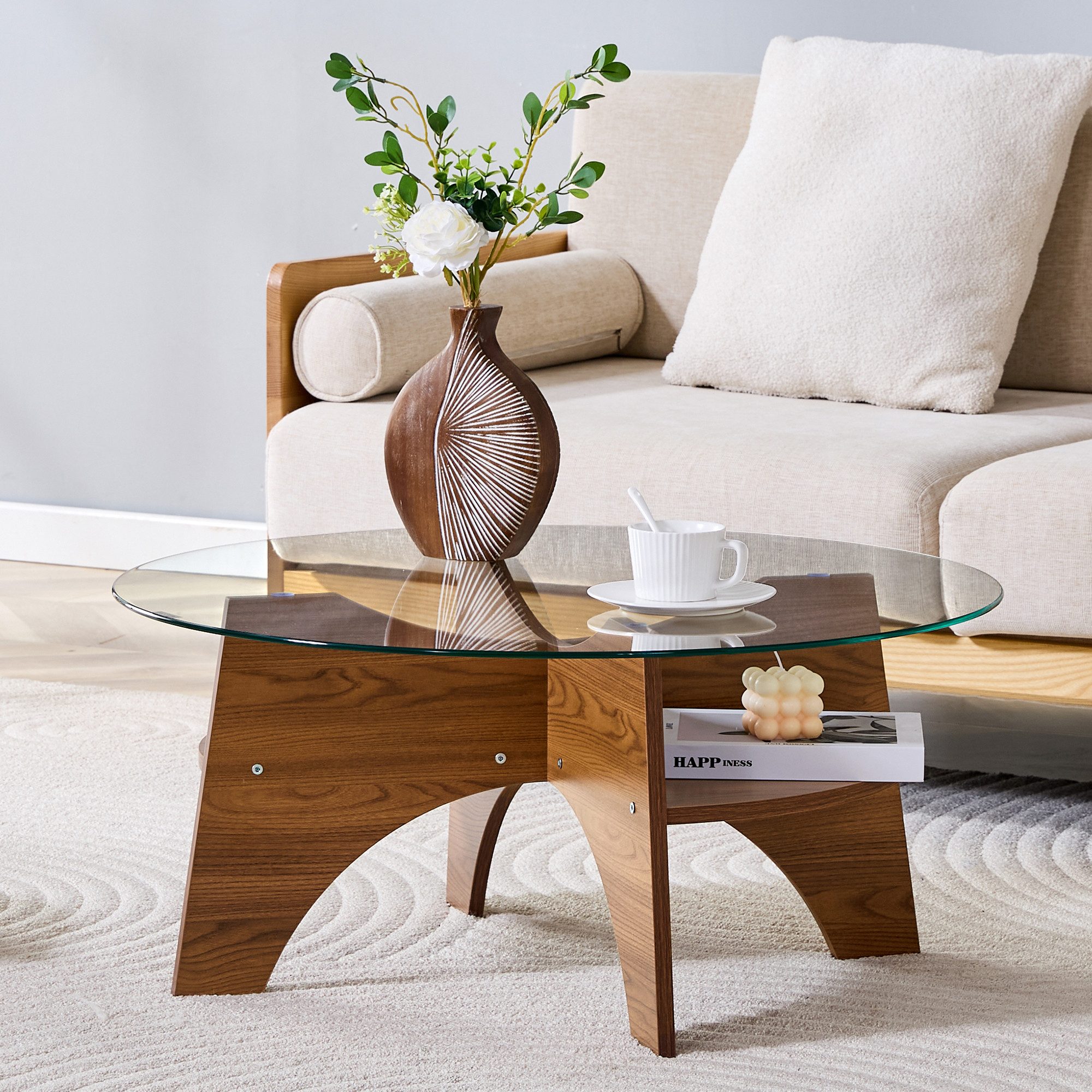 Celya Couchtisch Moderner runder Beistelltisch aus Sicherheitsglas (80 cm, multifunktionales Design. Fächerförmiges Gestell)