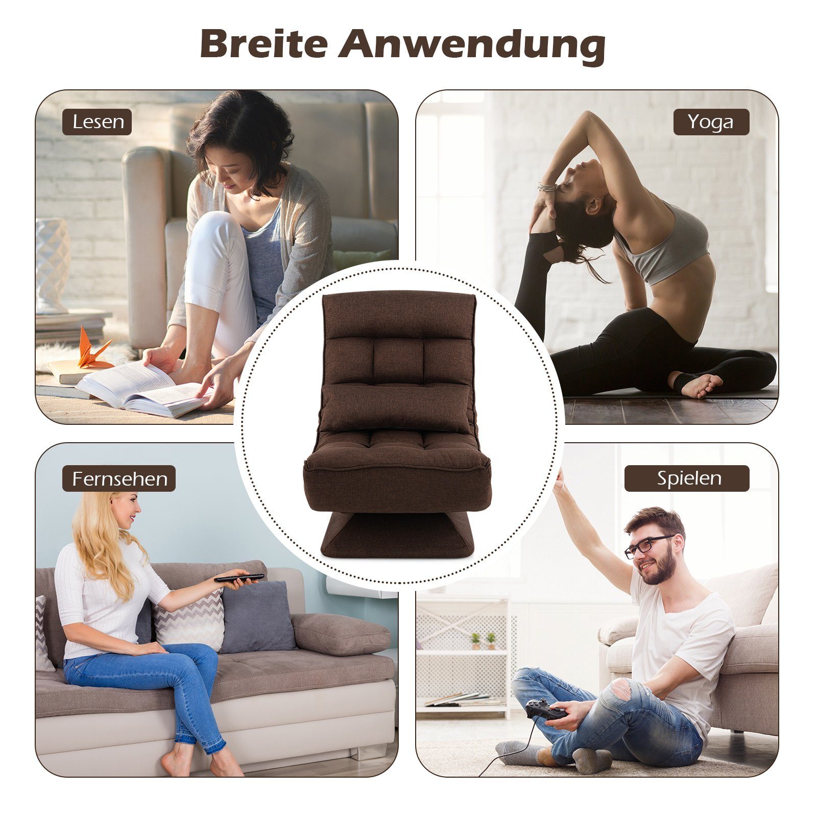 COSTWAY Relaxsessel 360° drehbar Gamingstuhl Bodensessel, verstellbar, klappbar mit Kissen – Bild 4 von 5