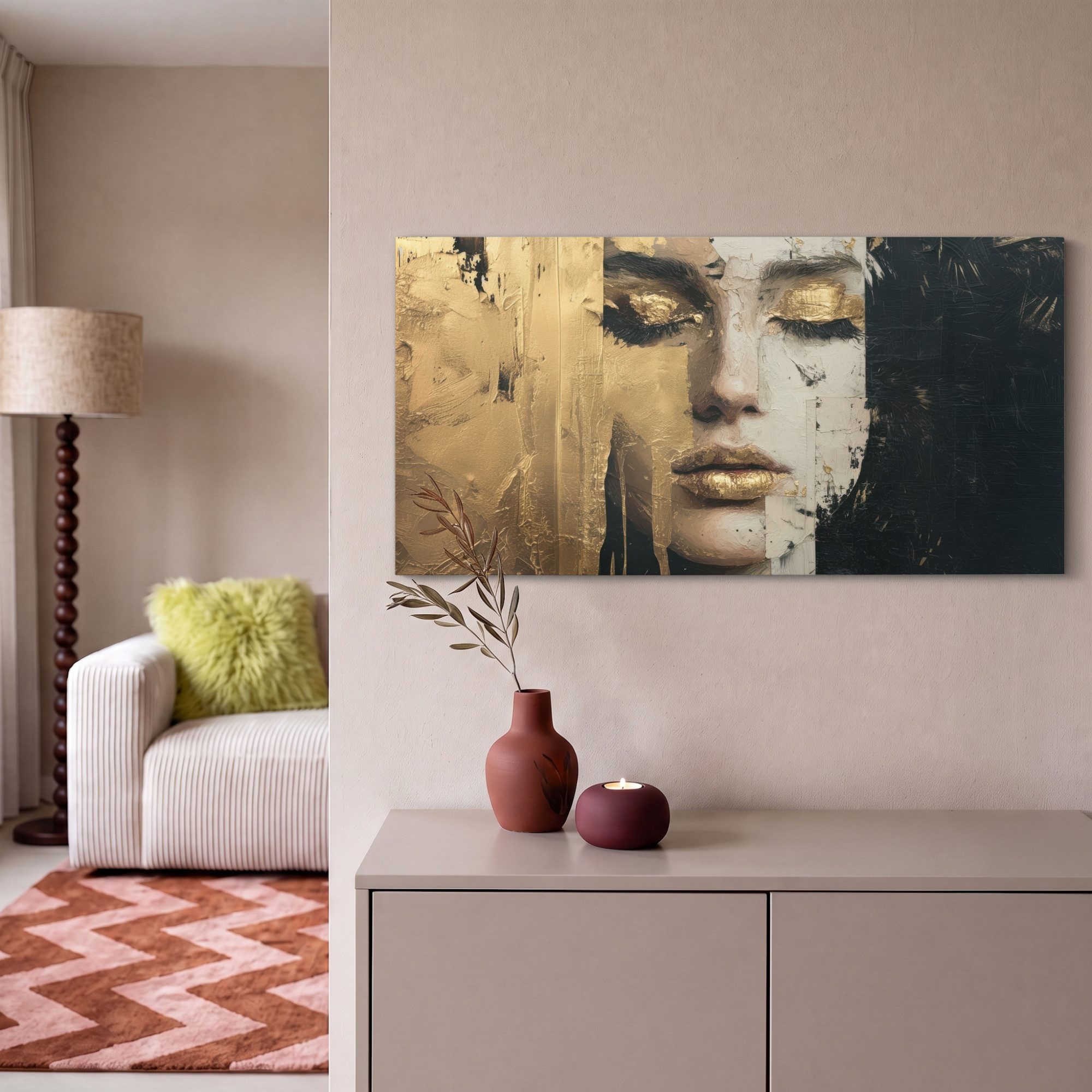OneMillionCanvasses® Leinwandbild Panorama Abstrakt - Gold - Gesicht - Lippen, Fotodruck (1 St), Wandbild, Deko Schlafzimmer Wohnzimmer Flur 40x20 cm – Bild 2 von 5