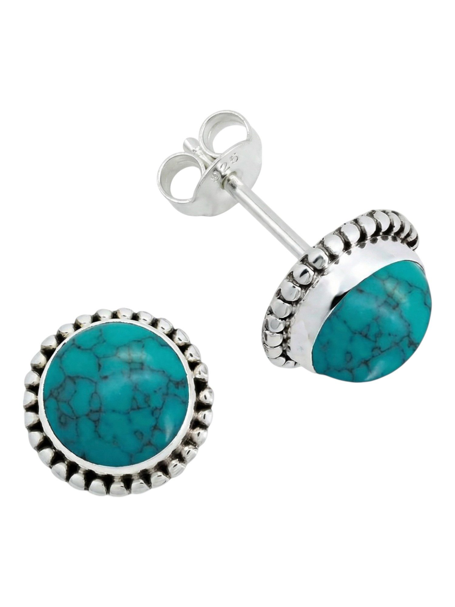 mantraroma Paar Ohrstecker PUNTI rund groß aus 925 Silber mit Türkis (Paar, Paar Ohrringe mit Schmuckbeutel), 925 Sterling Silber Ohrringe für Damen