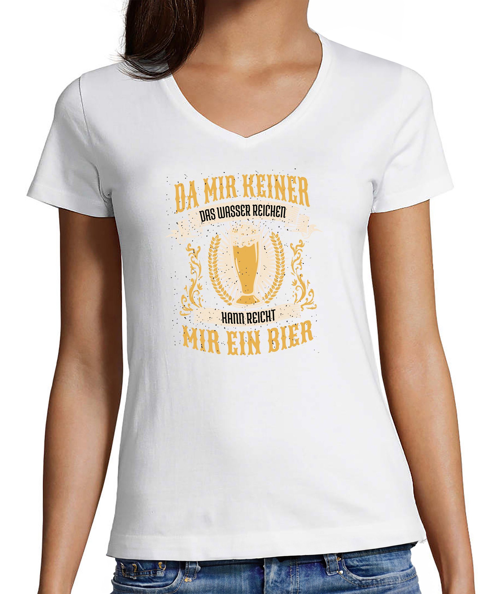 MyDesign24 T-Shirt Damen Oktoberfest T-Shirt - Reicht mir ein Bier V-Ausschnitt Print Shirt Slim Fit, i308 weiss