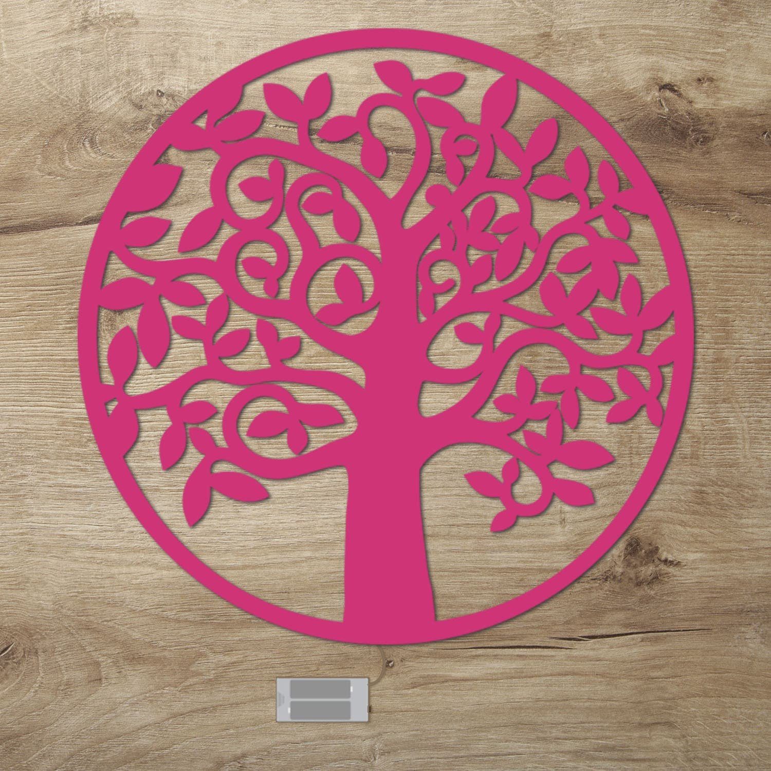 Namofactur LED Wandleuchte Baum - Dekoobjekt aus Holz mit Baum-Motiv - Wand Deko Lampe, Ohne Zugschalter/Stern, LED fest integriert, Warmweiß, Wanddekoobjekt Wohnzimmer Leuchte batteriebetrieben Pink