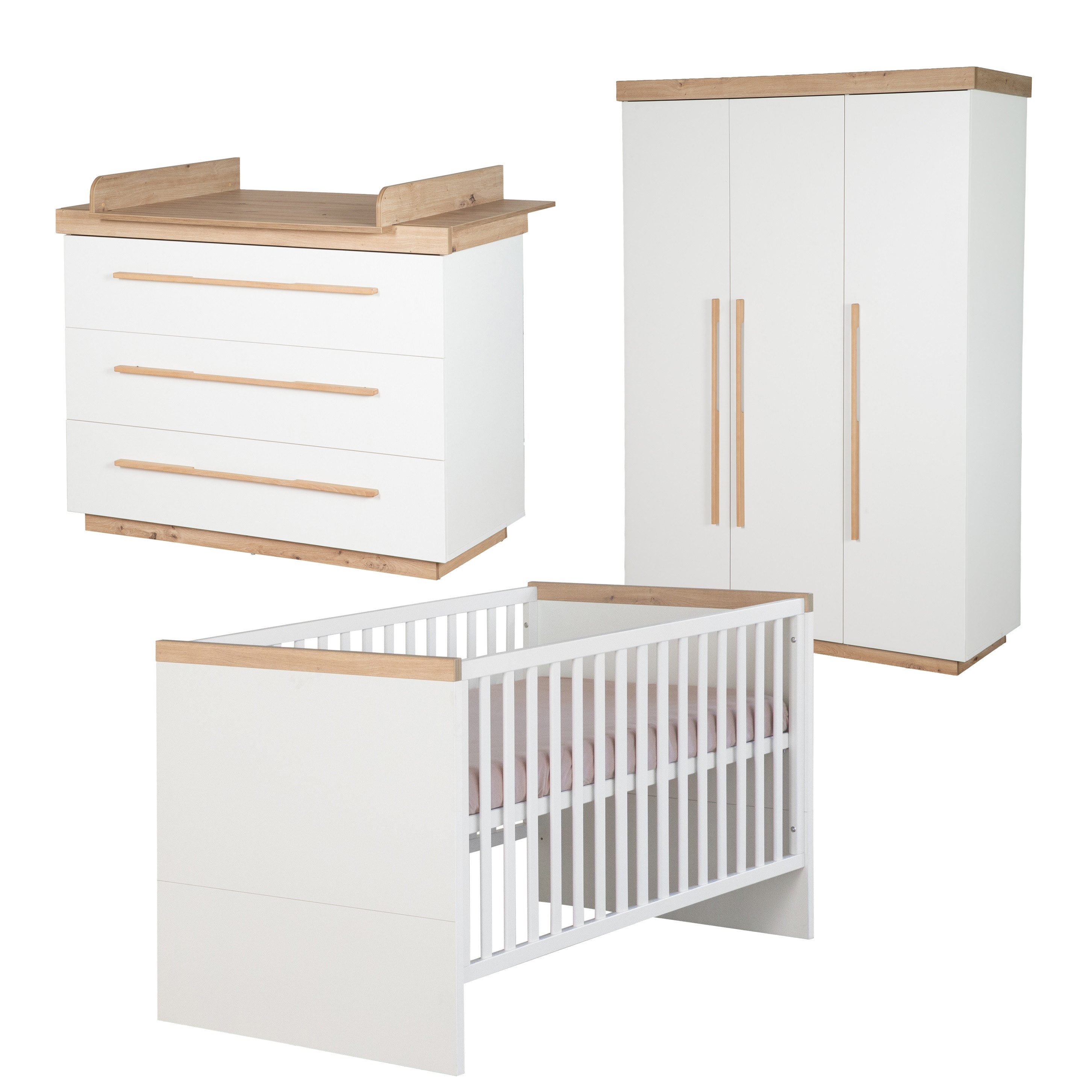 roba® Babyzimmer-Komplettset Lumo - modernes Kinderzimmer aus Holz - Weiß / Artisan Eiche, (Komplett-Set, 3-tlg., Babybett 70 x 140 cm, Wickelkommode, Kleiderschrank), Griffe & Füße aus Massivholz - Skandinavisches Design - MADE IN EUROPE