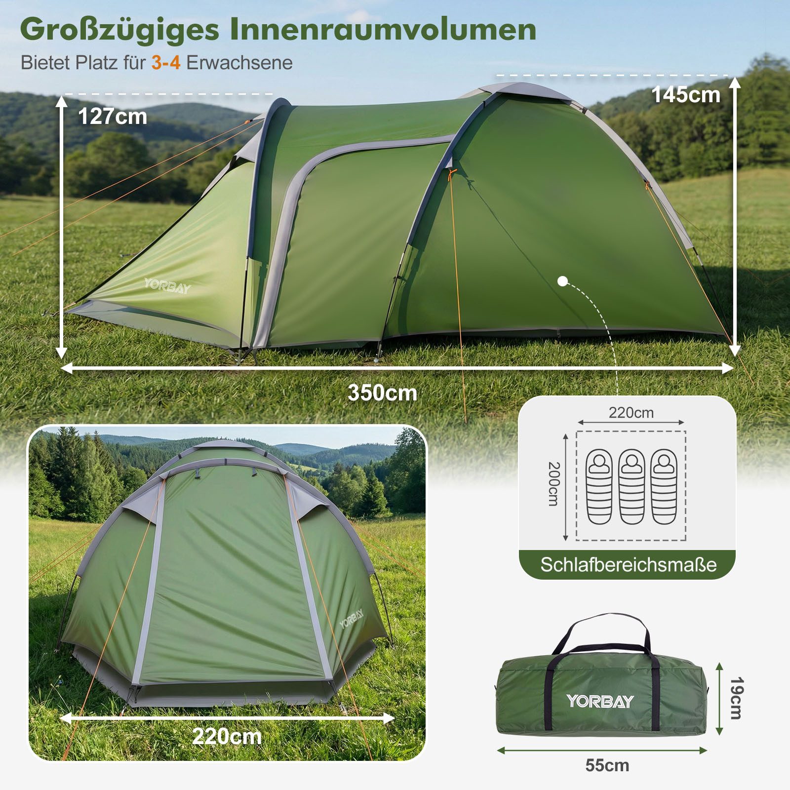 Yorbay Kuppelzelt Campingzelt mit Vorraum für 3-4 Personen,Leichtes Tunnelzelt, (wasserdichtes Zelt mit UV-Schutz 50), für Camping, Reisen, Trekking, Garten, Festival