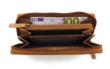 JOCKEY CLUB Geldbörse echt Leder Damen Portemonnaie mit RFID Schutz "Liane", Reißverschluss Geldbeutel, florale Prägung, cognac braun
