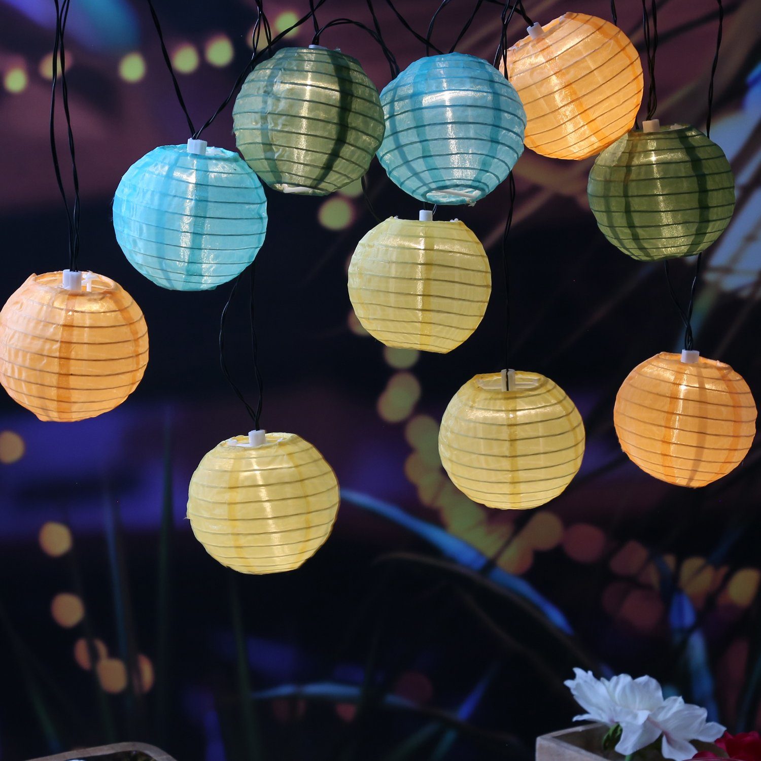 Solar Lampion Kette 10x LED Farben bunt Garten Terrasse Balkon Leuchte Deko Weg 