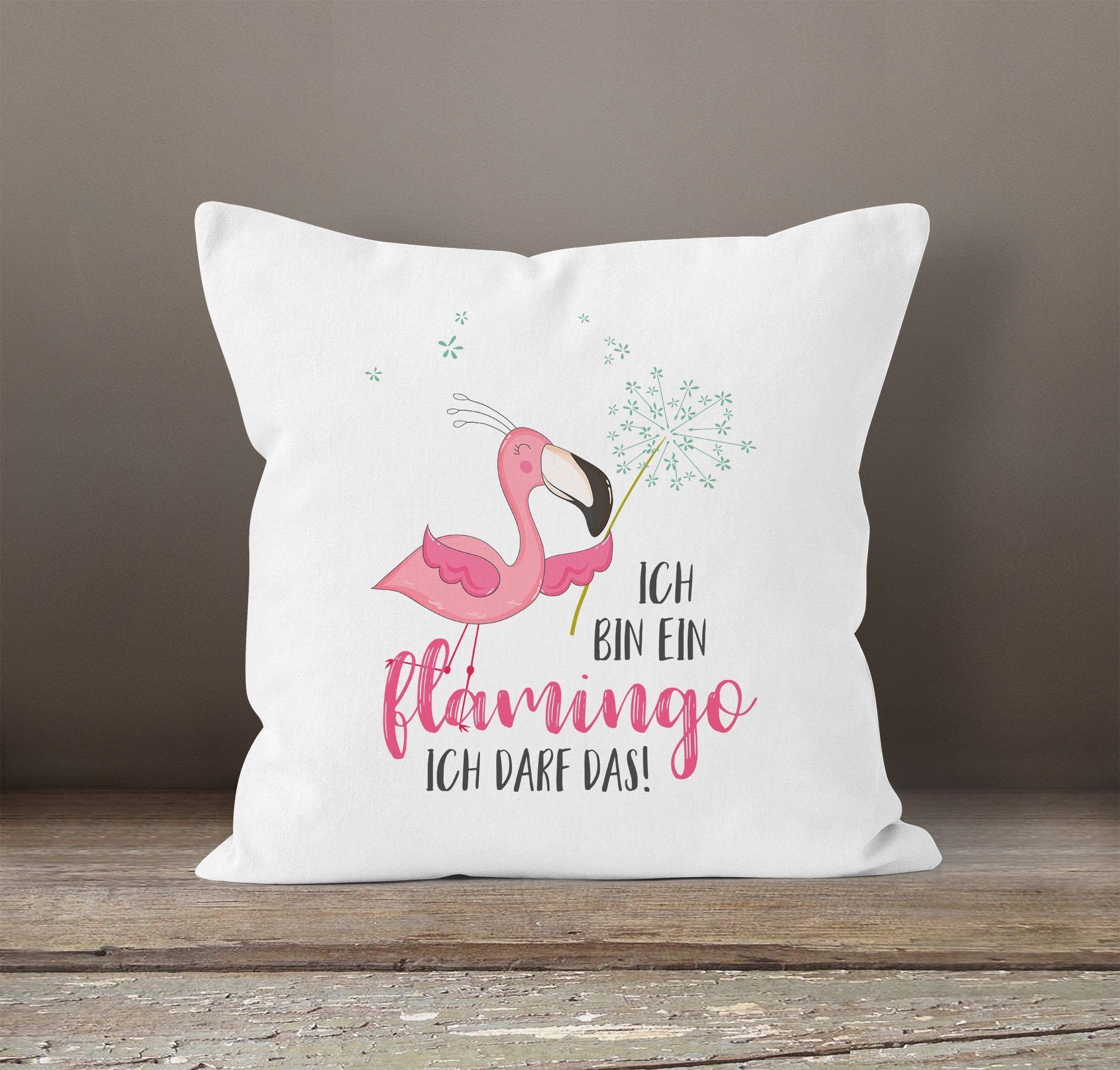 darf Pusteblume weiß das Kissen-Hülle MoonWorks ein bin Flamingo Baumwolle Spruch Dekokissen ich MoonWorks® Deko-Kissen Ich Flamingo Kissen-Bezug