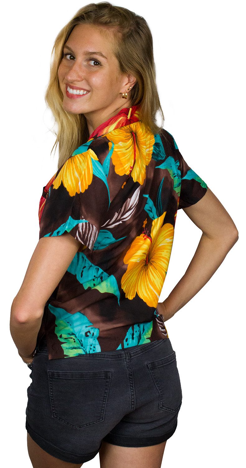 King Kameha Hawaiihemd Big Flower Funky Hawaiibluse Damen Kurzarm Front-Tasche Stylish – Bild 2 von 5