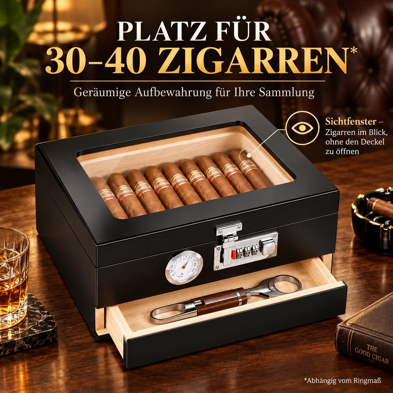 LEMLIT Humidor Zigarren Humidor Zedernholz Mit Hygrometer, Zahlenschloss, Schwarz, Mit Glasfenster, Trennwand Und Zubehörschublade – Bild 3 von 5