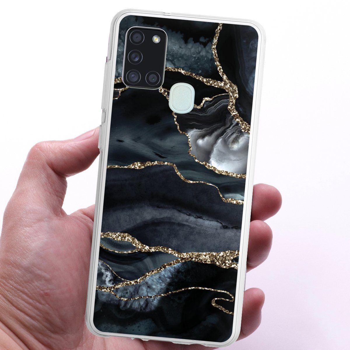 DeinDesign Handyhülle Glitzer Look Marmor Trends Dark marble gold Glitter look, Samsung Galaxy A21s Silikon Hülle Bumper Case Handy Schutzhülle