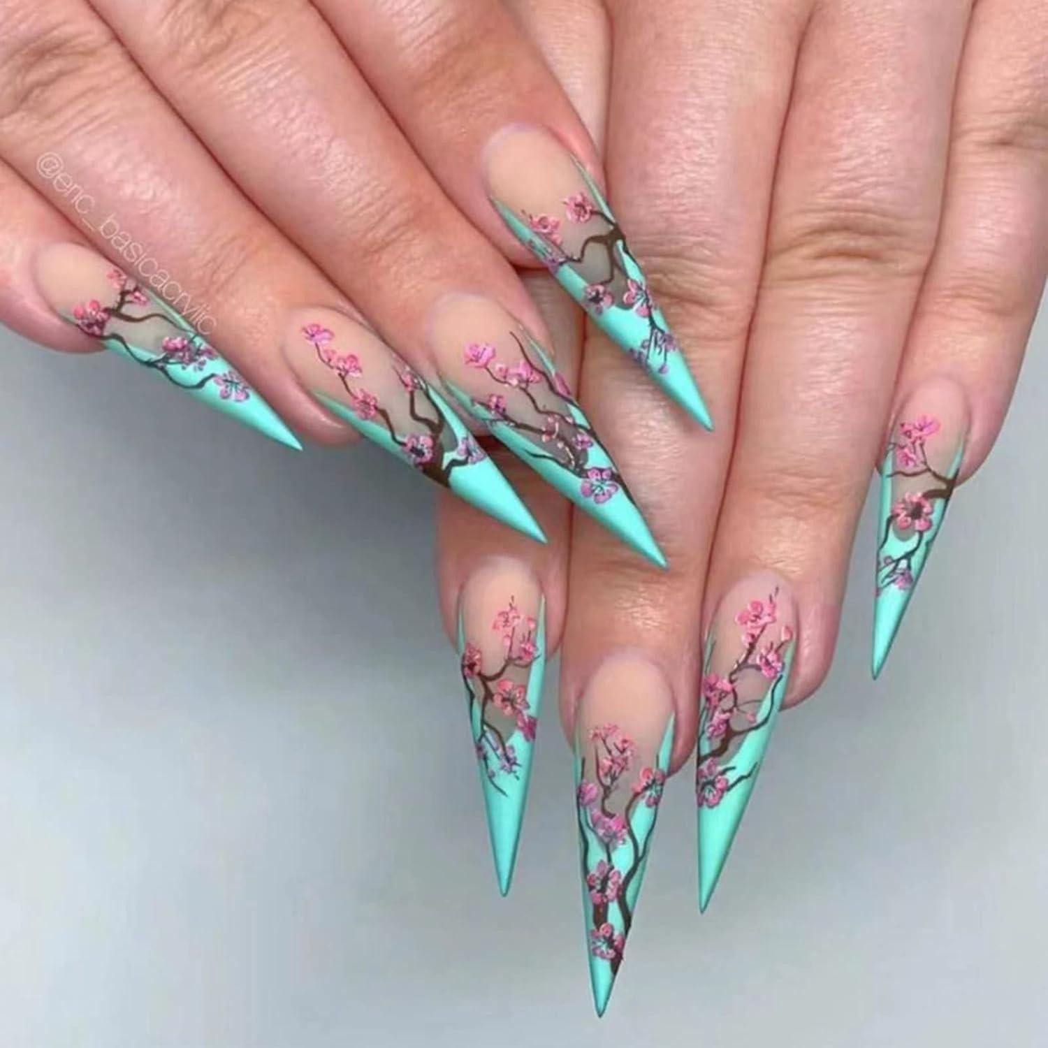 LuxusKollektion Kunstfingernägel Kunstnägel 24 Stück Stiletto Grün French Flower & Stiletto1