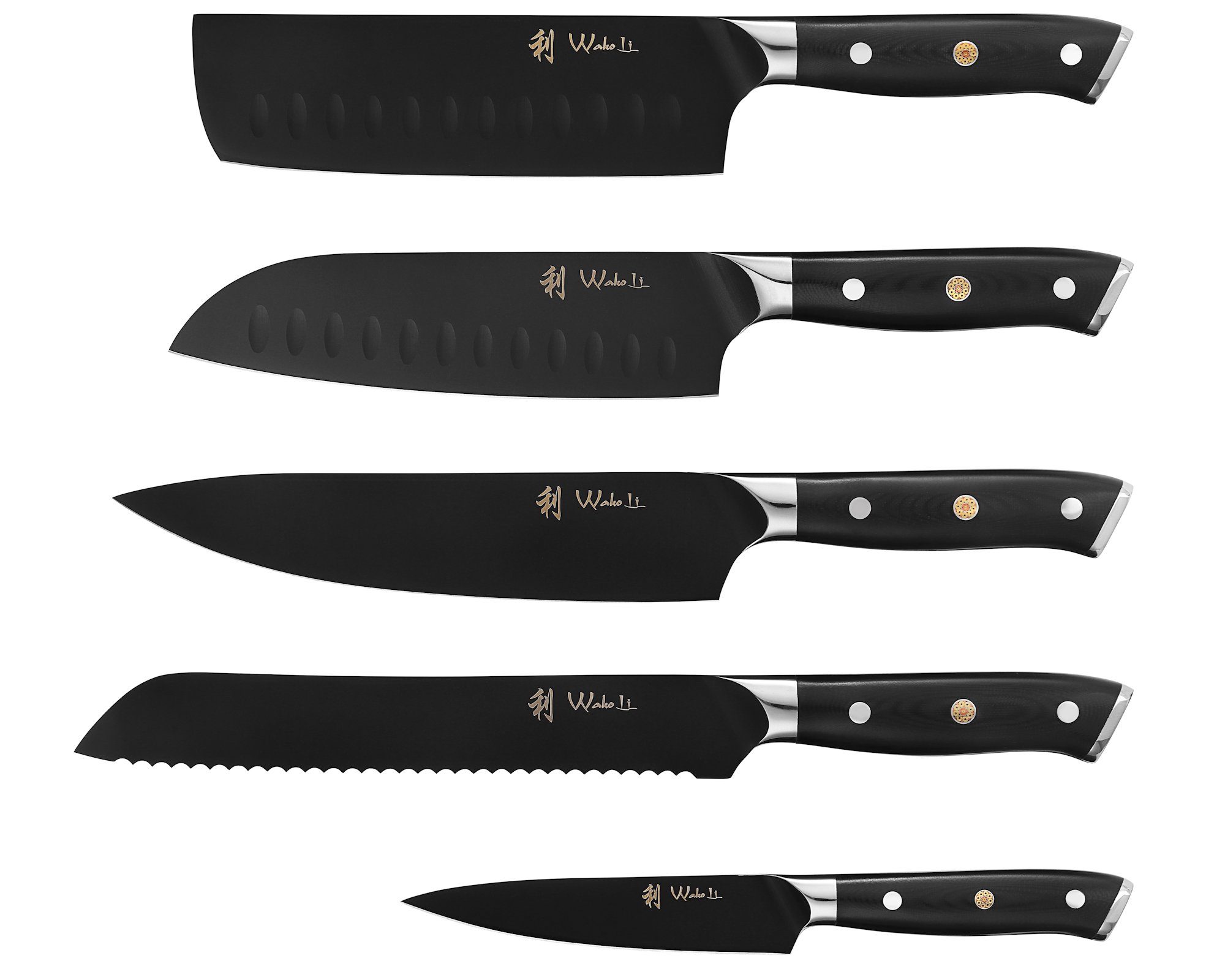 Wakoli Messer-Set Titanium Noir 5er Küchenmesser Edelstahl & magnetischer Messerblock (5er Edelstahlmesser-Set, 6-tlg., 5 Edelstahlmesser, mag. Messeblock), schwarze Titanbeschichtung