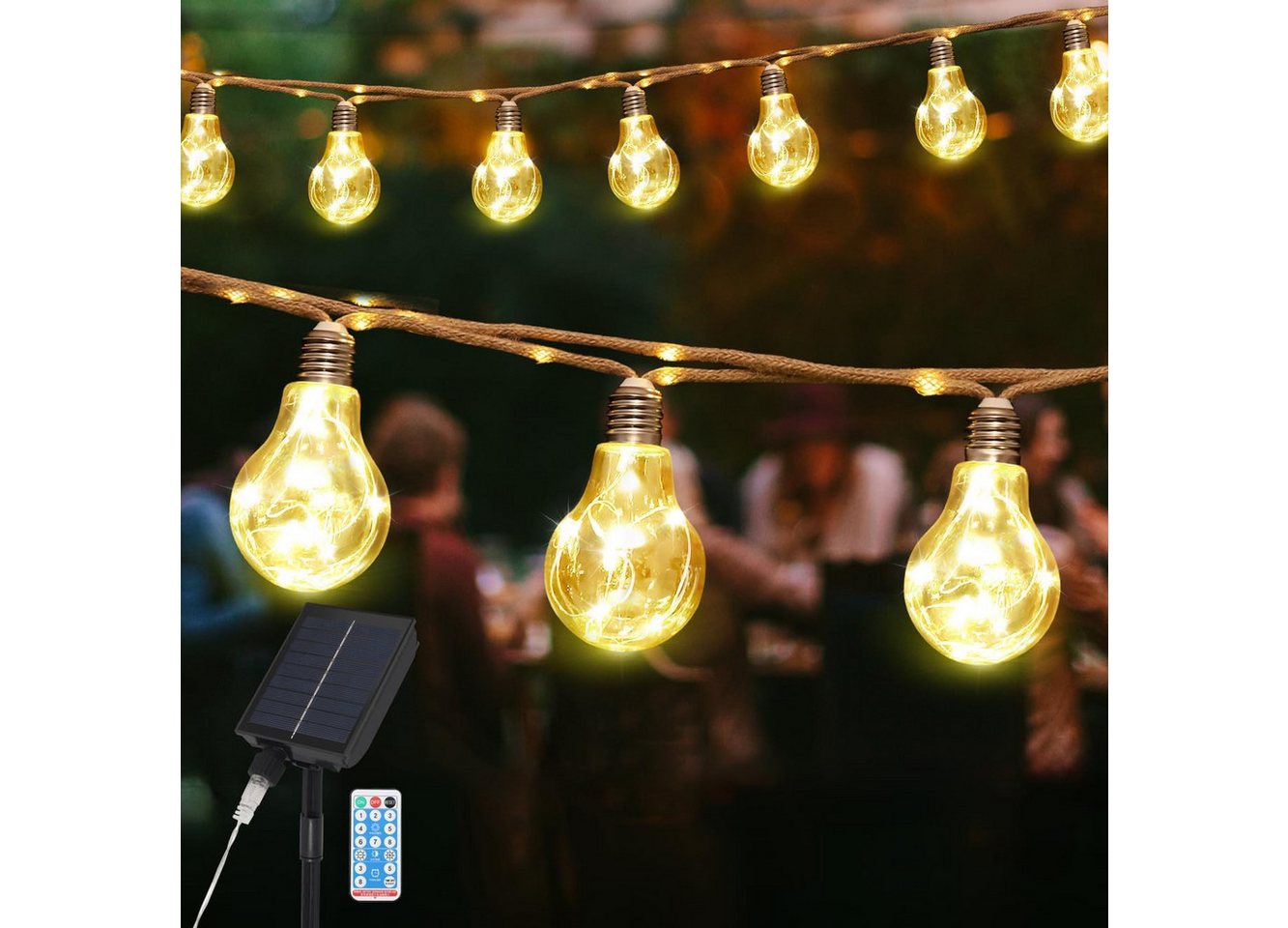 Salcar LED Solarleuchte Solar Lichterkette Warmweiß Hanfseil Glühbirnen Vintage Garten, LED, 5m Lichterkette + 3m Zuleitung, 10 Glühbirnen mit 149 LED