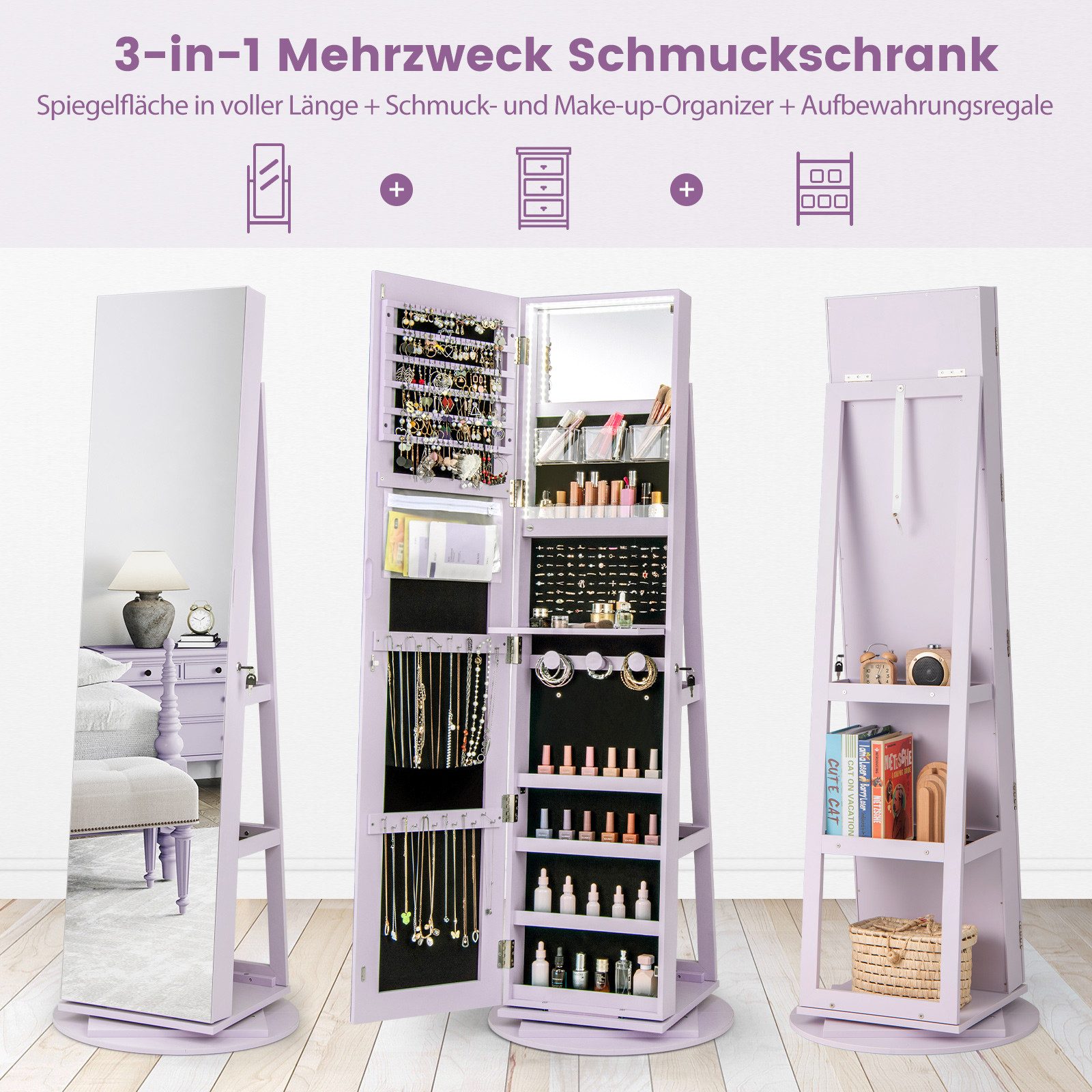 COSTWAY Schmuckschrank mit Ganzkörperspiegel & LED stehend, drehbar, abschließbar