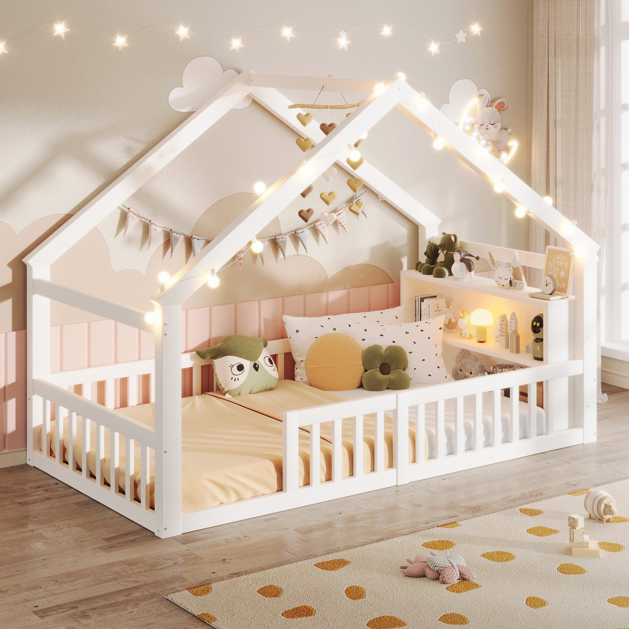 Odikalo Kinderbett Flachbett 90/140 x 190 cm Gitter Hausleiste Hausform Kiefernholz Weiß