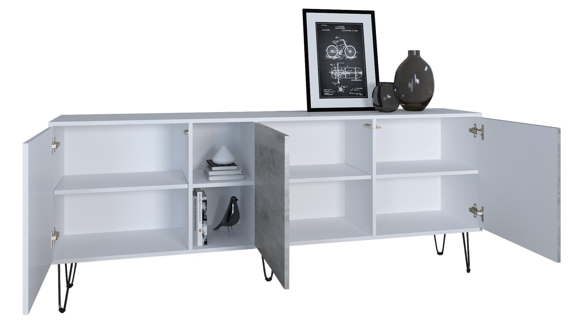 Vladon Sideboard Havana (TV-Schrank mit 3 Türen und 2 offene Fächer, Kommode Made in Germany), Weiß matt / Weiß matt (181,5 x 73 x 35 cm)