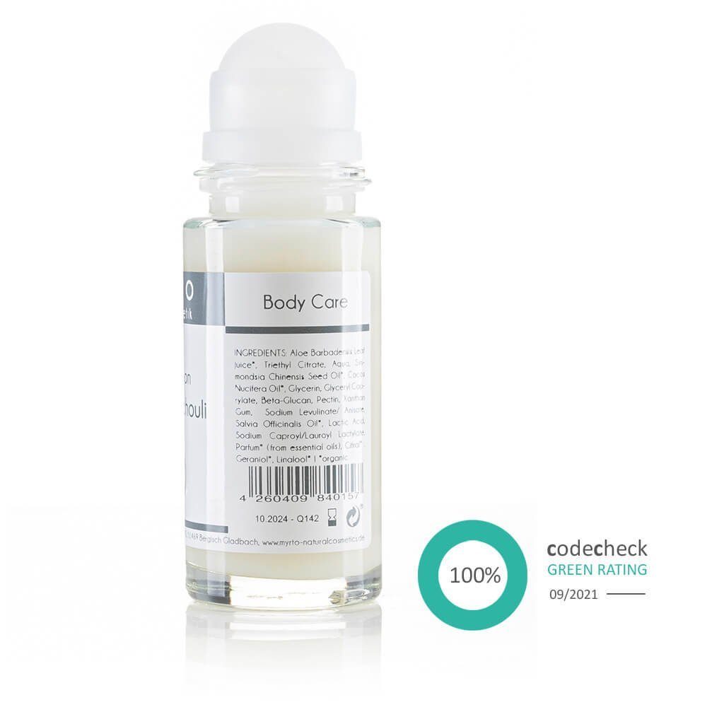 myrto Naturkosmetik Körperpflegemittel Bio Deo Roll-on White Patchouli ohne Aluminium und Alkohol, für empfindliche Haut, hemmt Geruchsbildung, ohne Aluminium & Alkohol