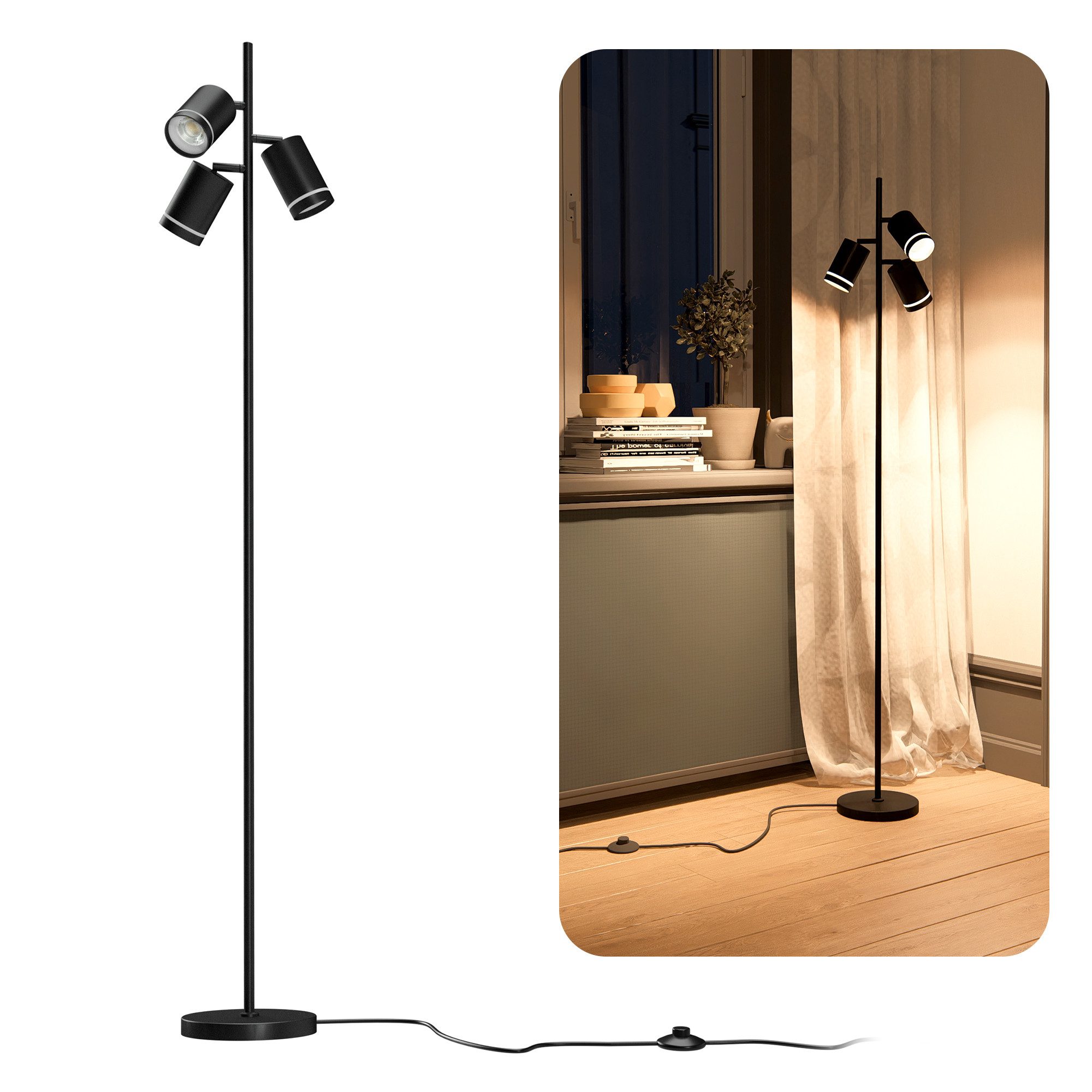 linovum LED Spiegelleuchte Stehleuchte TAVIRA drehbar inkl. 3x GU10 Lampen 6W 3 Lichtfarben 3CCT, Neutralweiß, Warmweiß, Tageslichtweiß