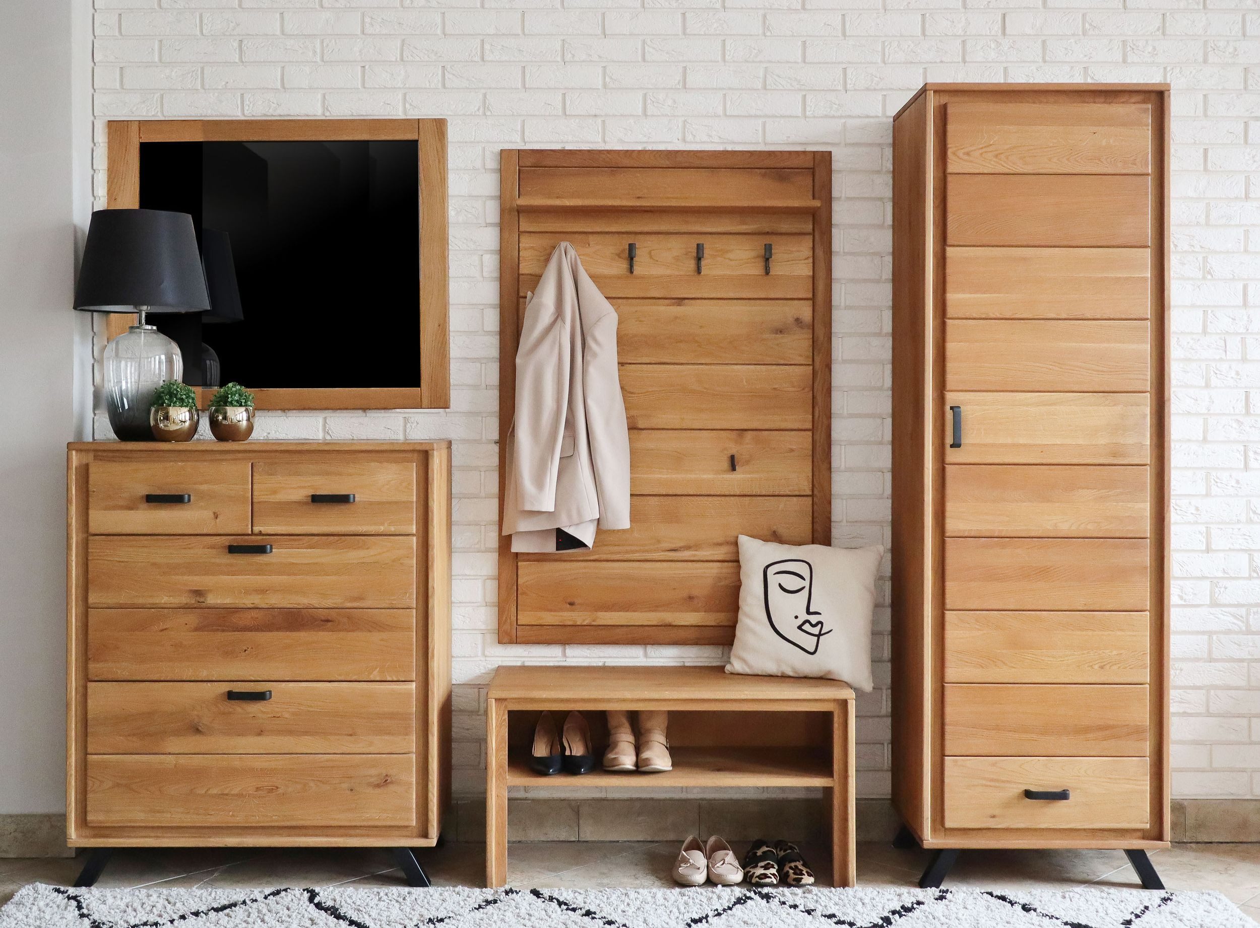 Trendmöbel24 Garderoben-Set Garderoben Set Genf I Wildeiche Massivholz geölt 5-teilig, (Komplett-Set, 5-St., Schuhschrank, Dielenschrank, Bank, Garderobenpaneel, Spiegel)