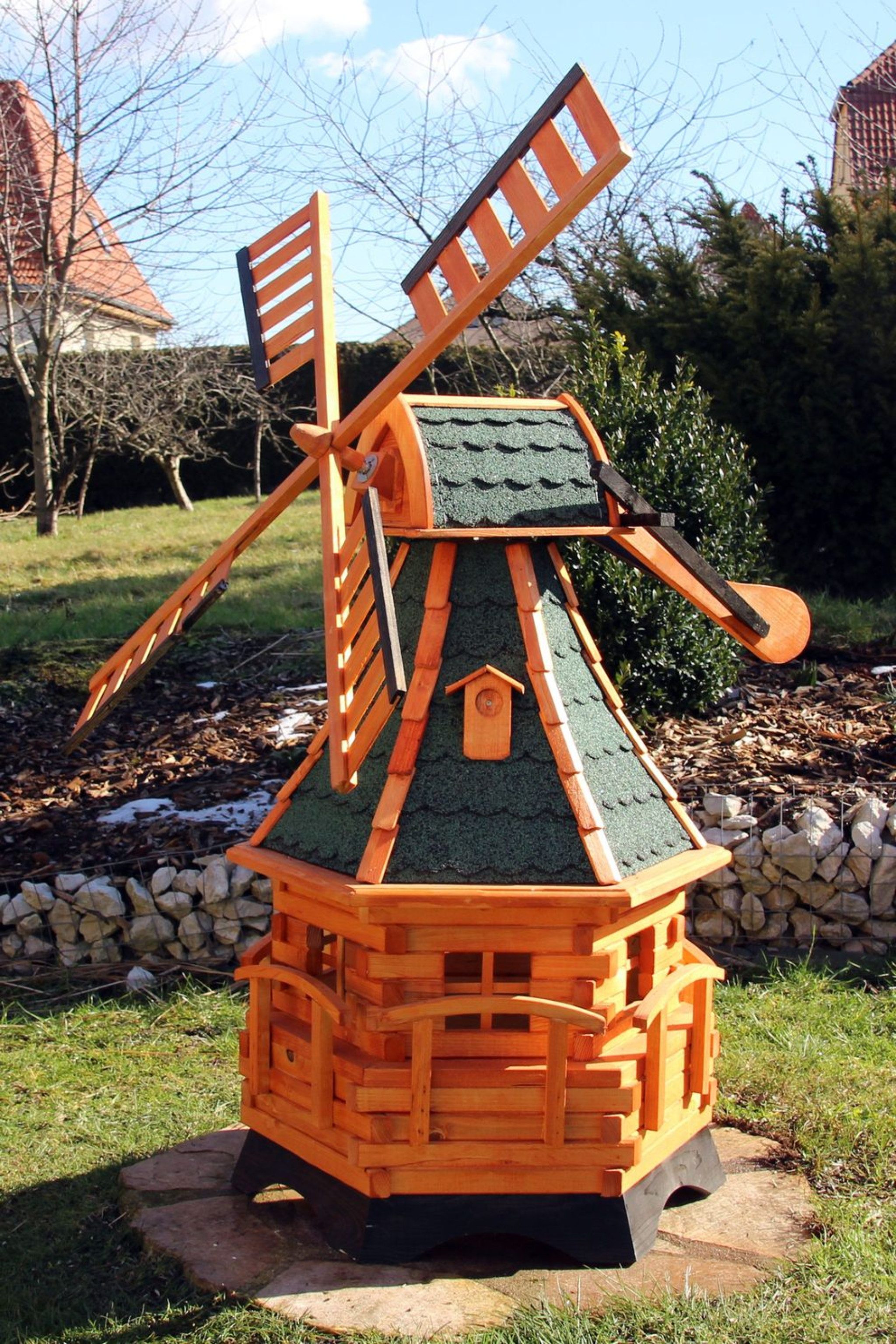 Holzdekoladen Deko-Windrad Holz Windmühle mit Solarlicht Weiß – Garten Deko wetterfest