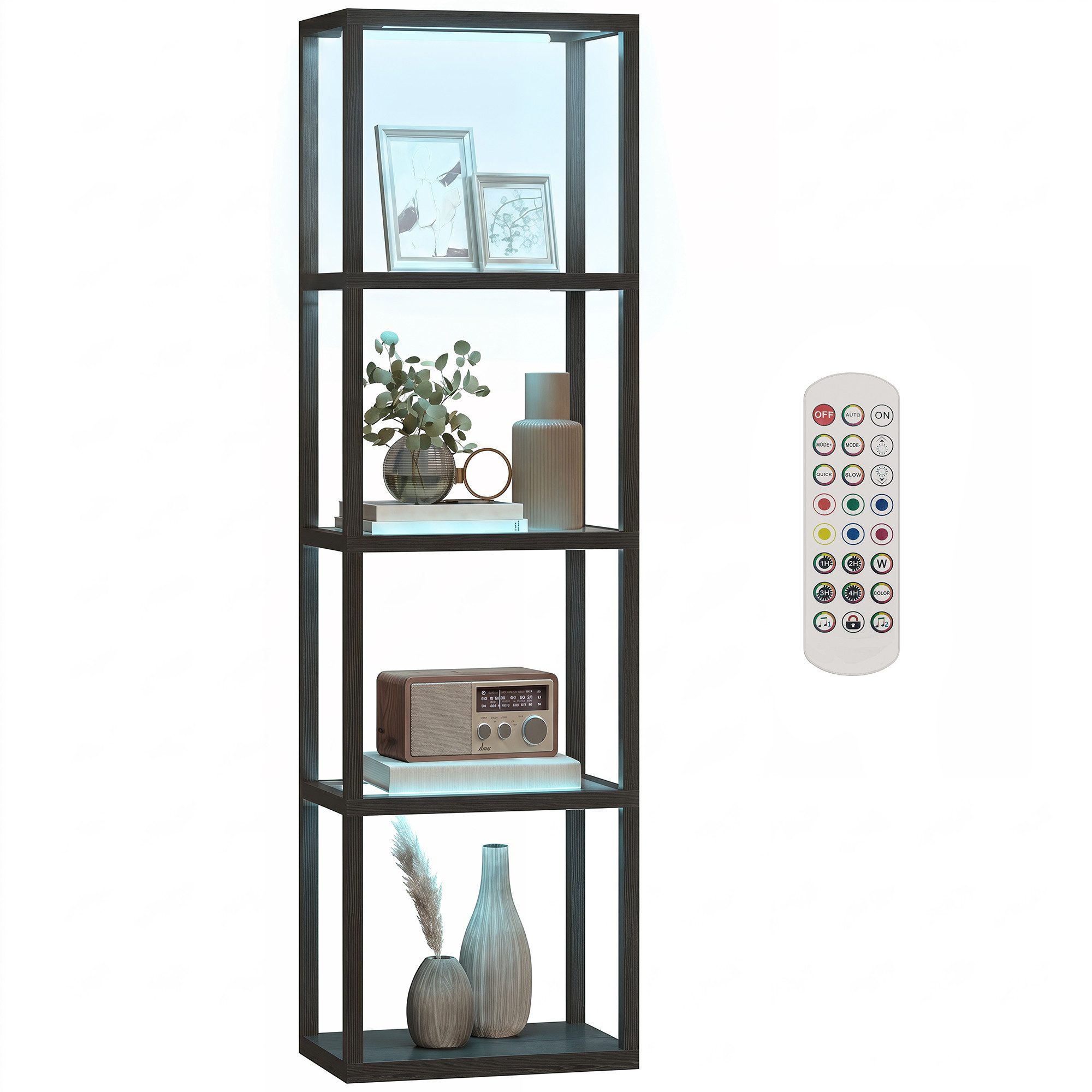 HOMCOM Stehlampe mit Glasregalen, Timer, LED fest integriert, 4-Ebenen-LED-Lampe mit Fernbedienung, Musiksynchronisation, Schwarz