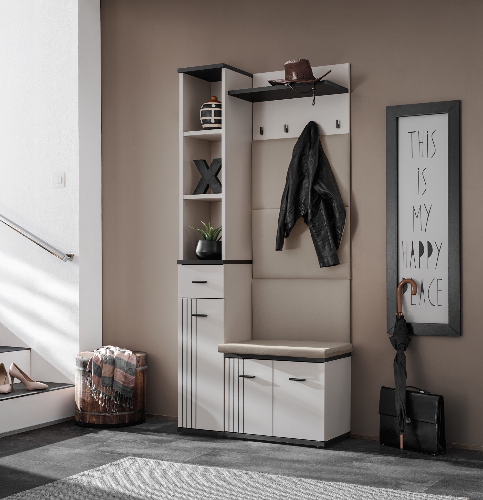 Garderoben-Set Flurgarderobe Schuhschrank Wandpaneel HUGO V mit Sitzbank und Polster