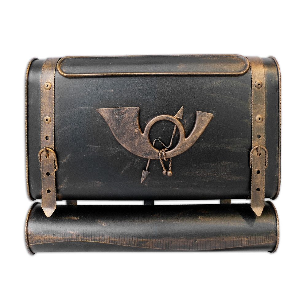 HMF Wandbriefkasten Briefkasten Antik Unikat in Koffer Design mit POSTHORN, mit Zeitungsrolle, 38 x 45 x 10 cm, Gold