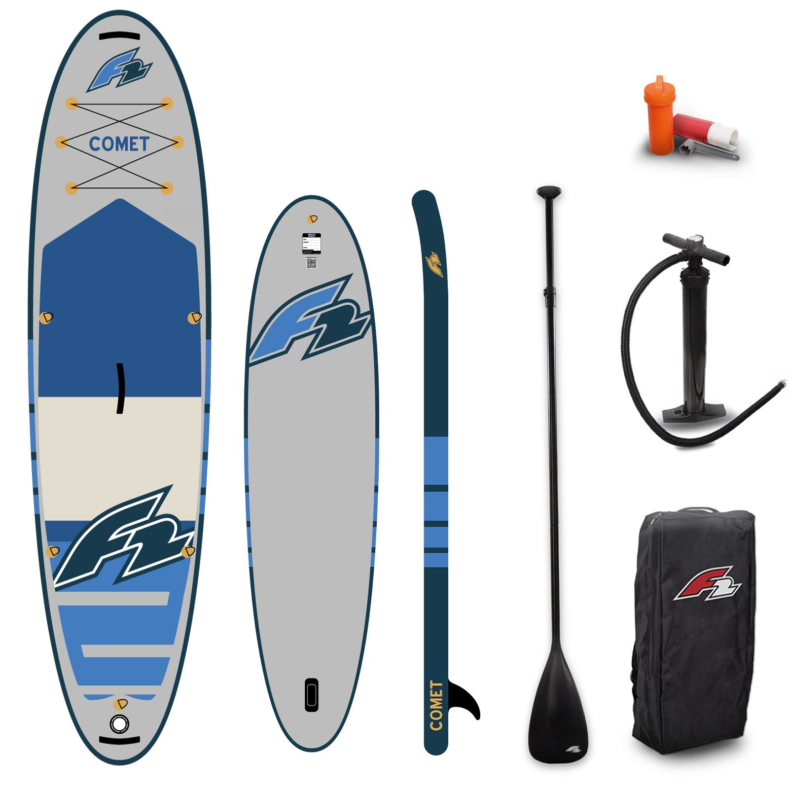 F2 SUP-Board F2 Set Stand Up Paddle Board Comet Grau 10,6 + Basic Zubehör Paket