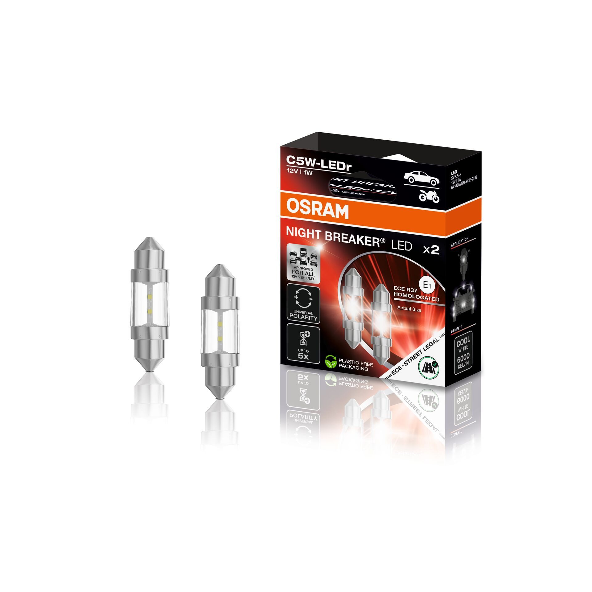 Osram KFZ-Ersatzleuchte C5W NIGHT BREAKER LED ECE StVZO-Konforme LED 2 St. OSRAM, C5W, Kaltweiß, Erste LED-Retrofit-Signallampe von OSRAM mit voller ECE-Zulassung