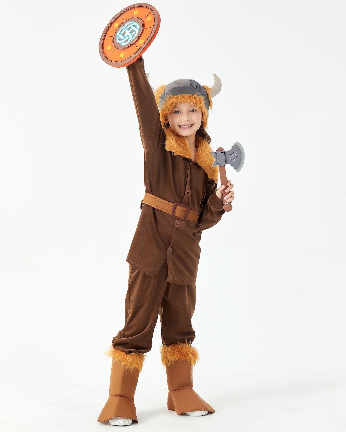 Corimori Ritter-Kostüm Wikinger Kostüm – Vikinger Verkleidung mit Zubehör, Vikinger Verkleidung mit Helm, Gürtel, Fellkragen, Axt & Schild