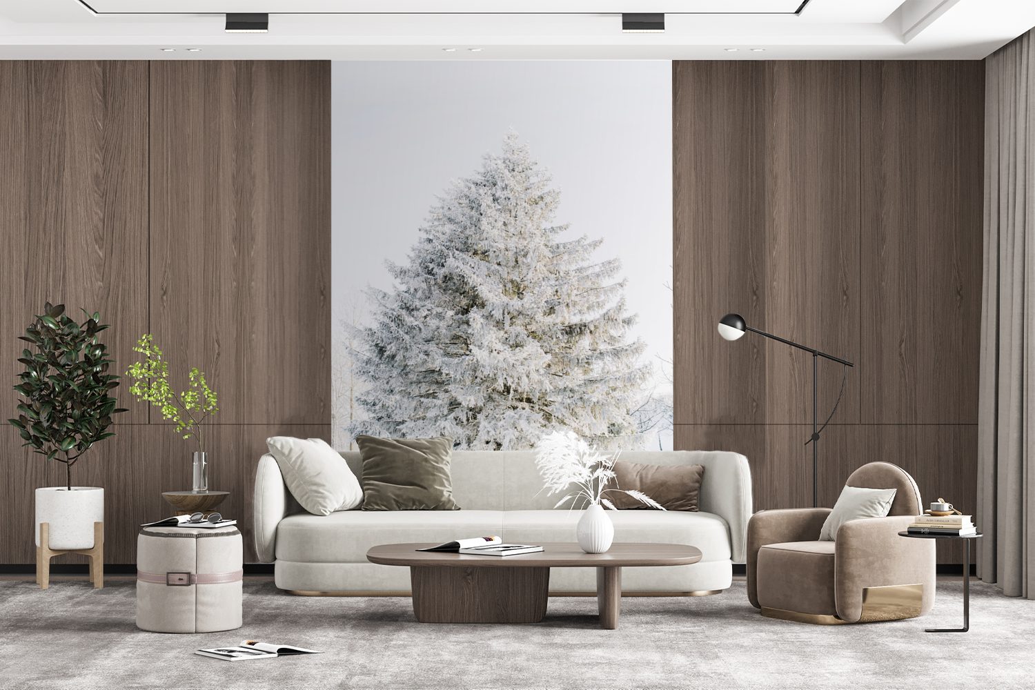 Tapete bedruckt, (3 Wohnzimmer, - Wandtapete St), Vinyl MuchoWow Matt, Montagefertig Baum Schnee für - Winter Kiefer Fototapete - Weiß, -