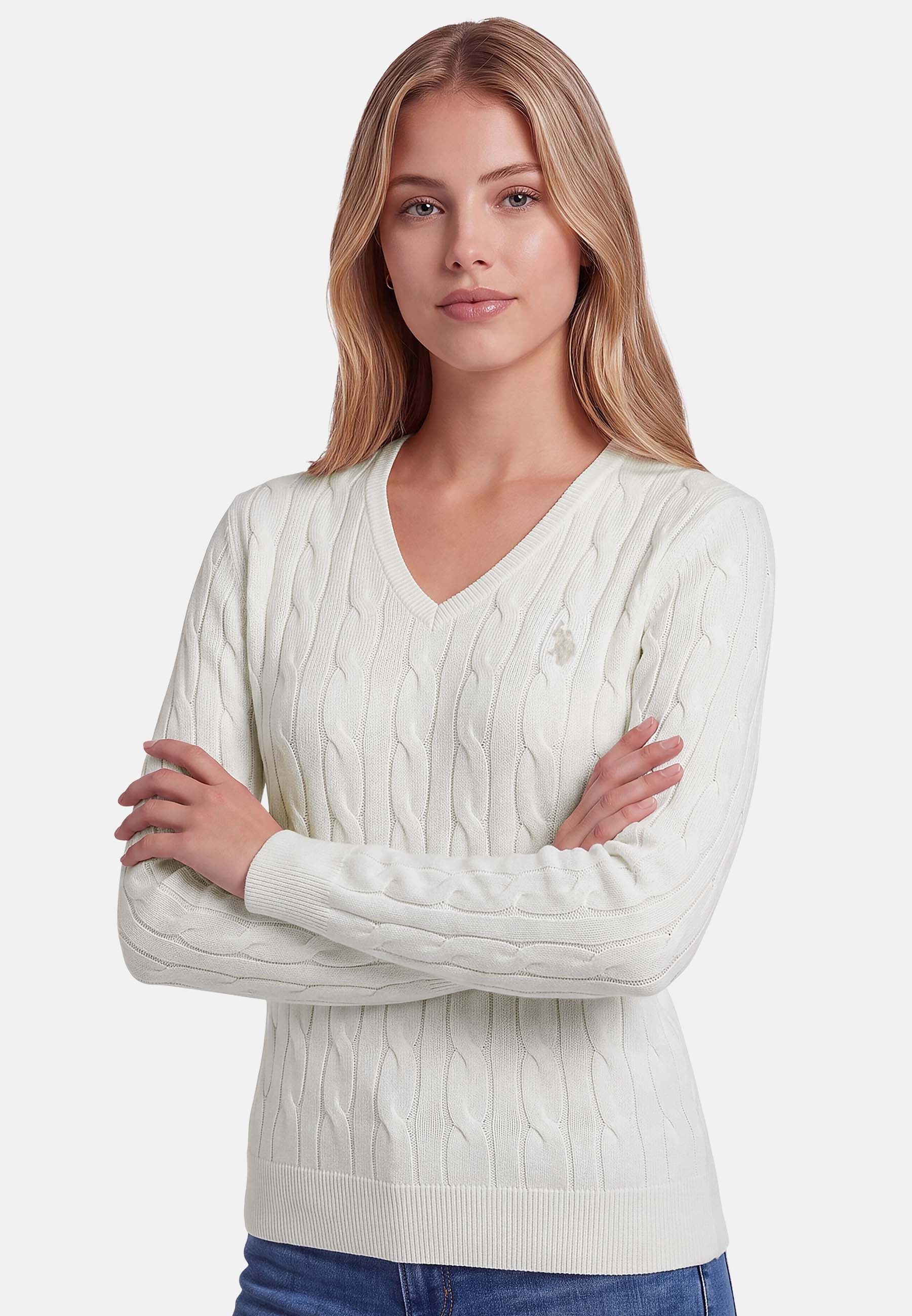 U.S. Polo Assn. Rundhalspullover mit Zopfmuster und V-Ausschnitt Klassischer Strickpullover mit Rippbündchen und dezenter Logostickerei – Bild 2 von 5