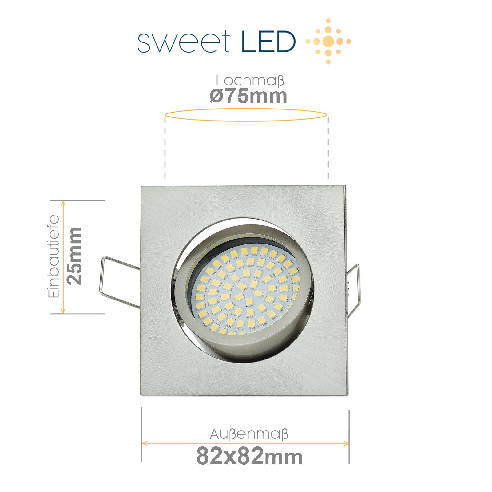 Sweet LED LED Einbaustrahler Flach 3,5W 230V Chrom Schwenkbar Einbauleuchte 3000K Deckenspots Ø75, 3000K, Warmweiß, Deckenspots, 82x82 mm, Einbauleuchte