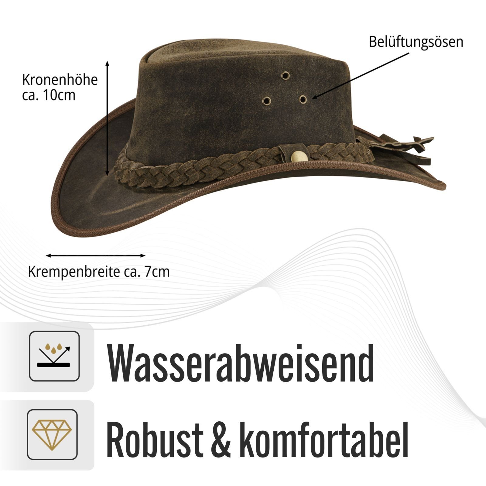 BLACK FOREST FOX Cowboyhut TEXAS Unisex Western Reiten Cowboy Leder Hut in 4 Farben VIntage Brown Größe XXL