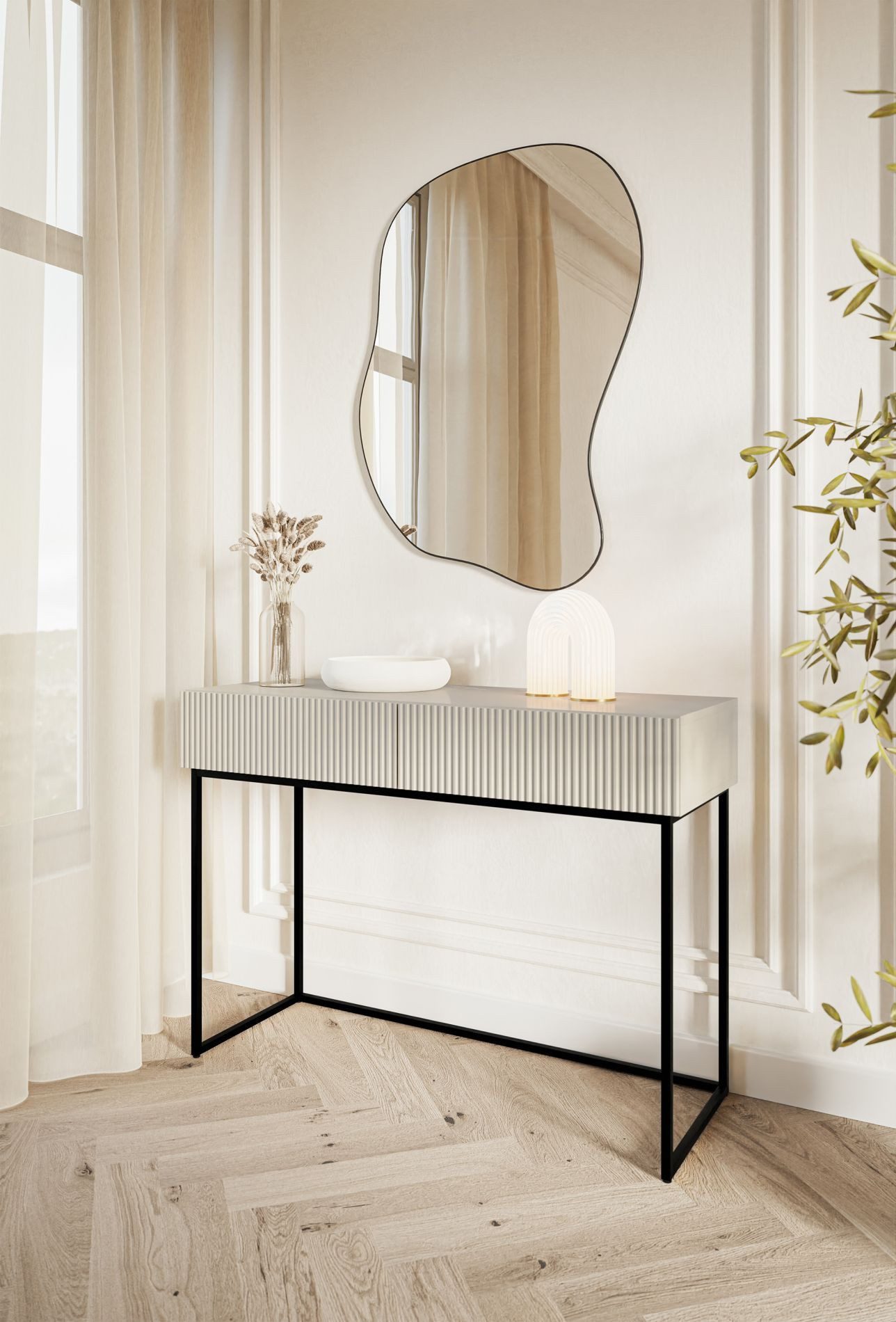 Selsey Schminktisch VELDIO, 2 Schubladen mit geriffelten Fronten, Metallgestell, 110 cm breit