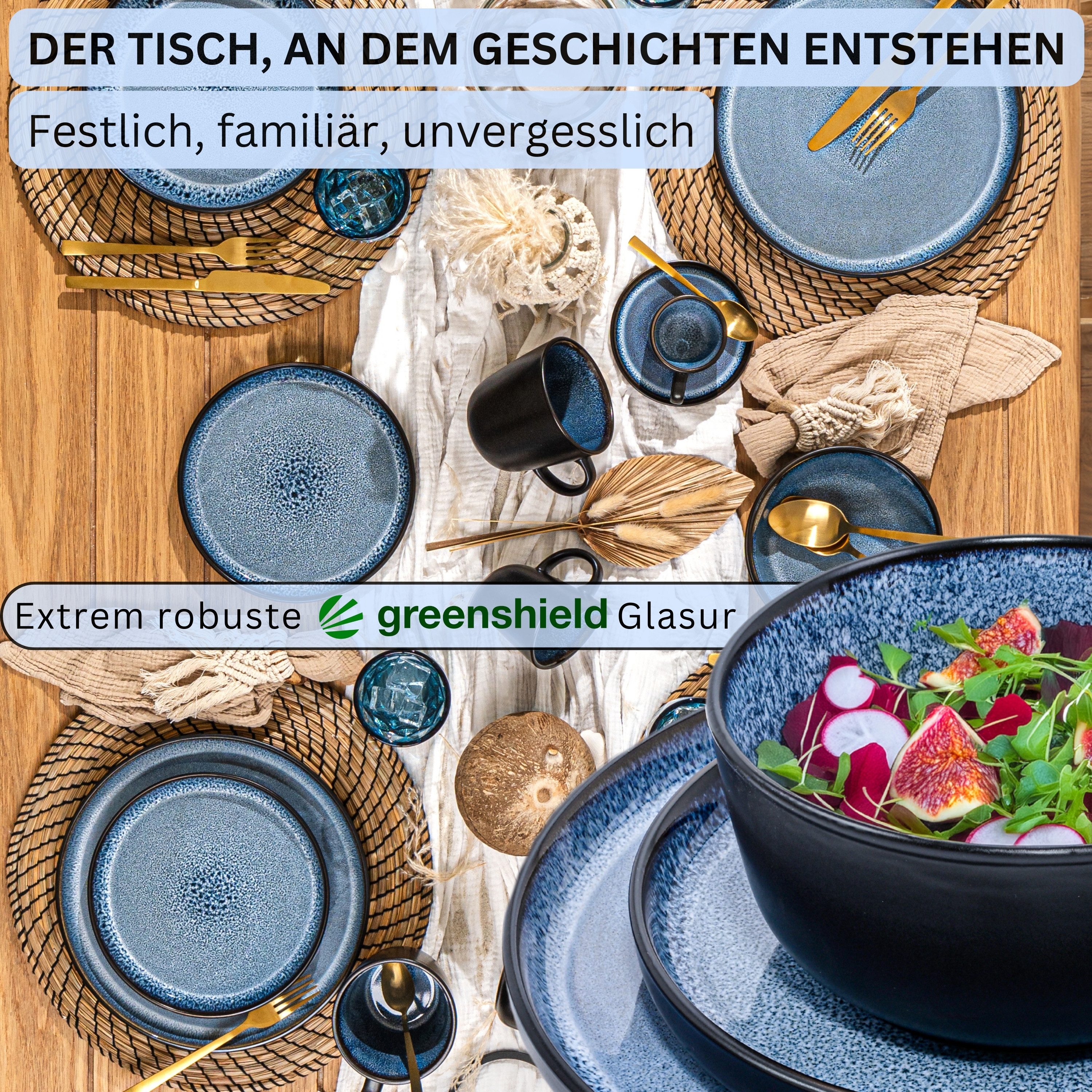 SÄNGER Tafelservice Aruba Geschirrset (18-tlg), 6 Personen, Steingut, blau mit schwarzem Rand, Handmade, Erweiterbar, VALUE COLLECTION