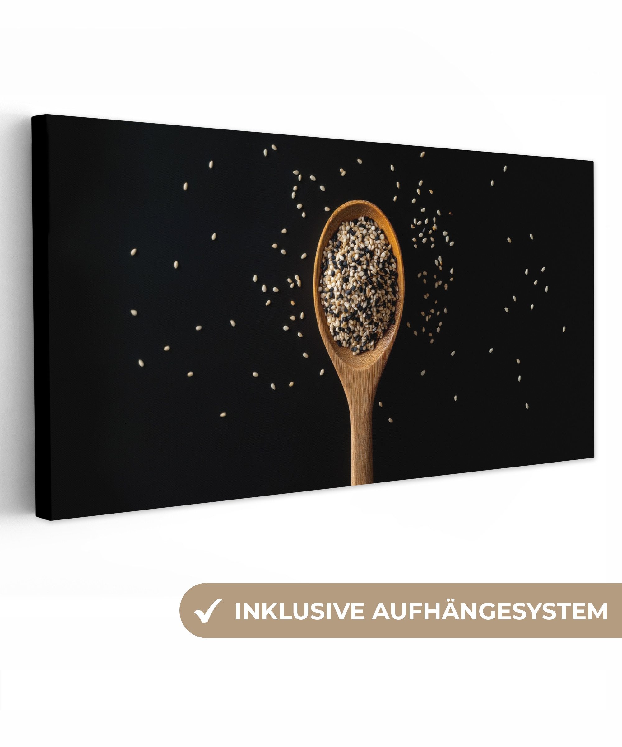 OneMillionCanvasses® Leinwandbild Panorama Sesam - Löffel - Schwarz, Fotodruck (1 St), Wandbild, Deko Schlafzimmer Wohnzimmer Flur 40x20 cm