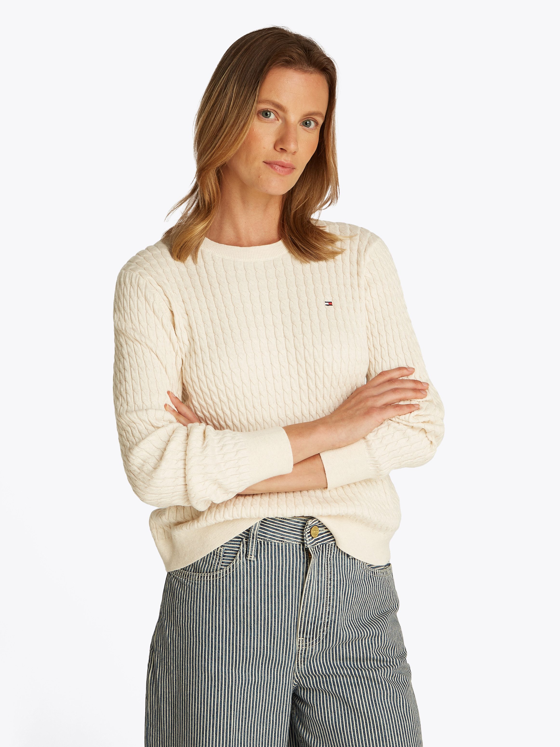 Tommy Hilfiger Rundhalspullover CO CABLE C-NK LS SWEATER Baumwolle, mit Zop günstig online kaufen