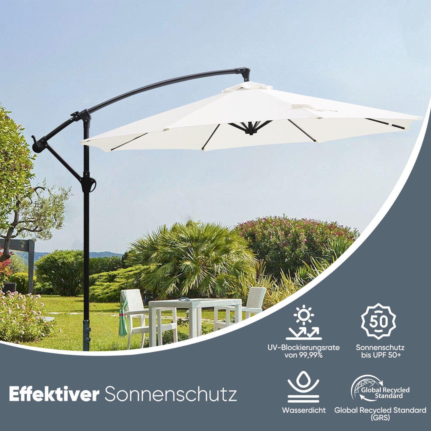 Sekey Sonnenschirm Ø300cm Gartenschirm mit ständer, mit Kurbel, UPF50+, LxB: 300,00x300,00 cm, Ampelschirm, Leicht zu montieren, für Garten, Terrasse