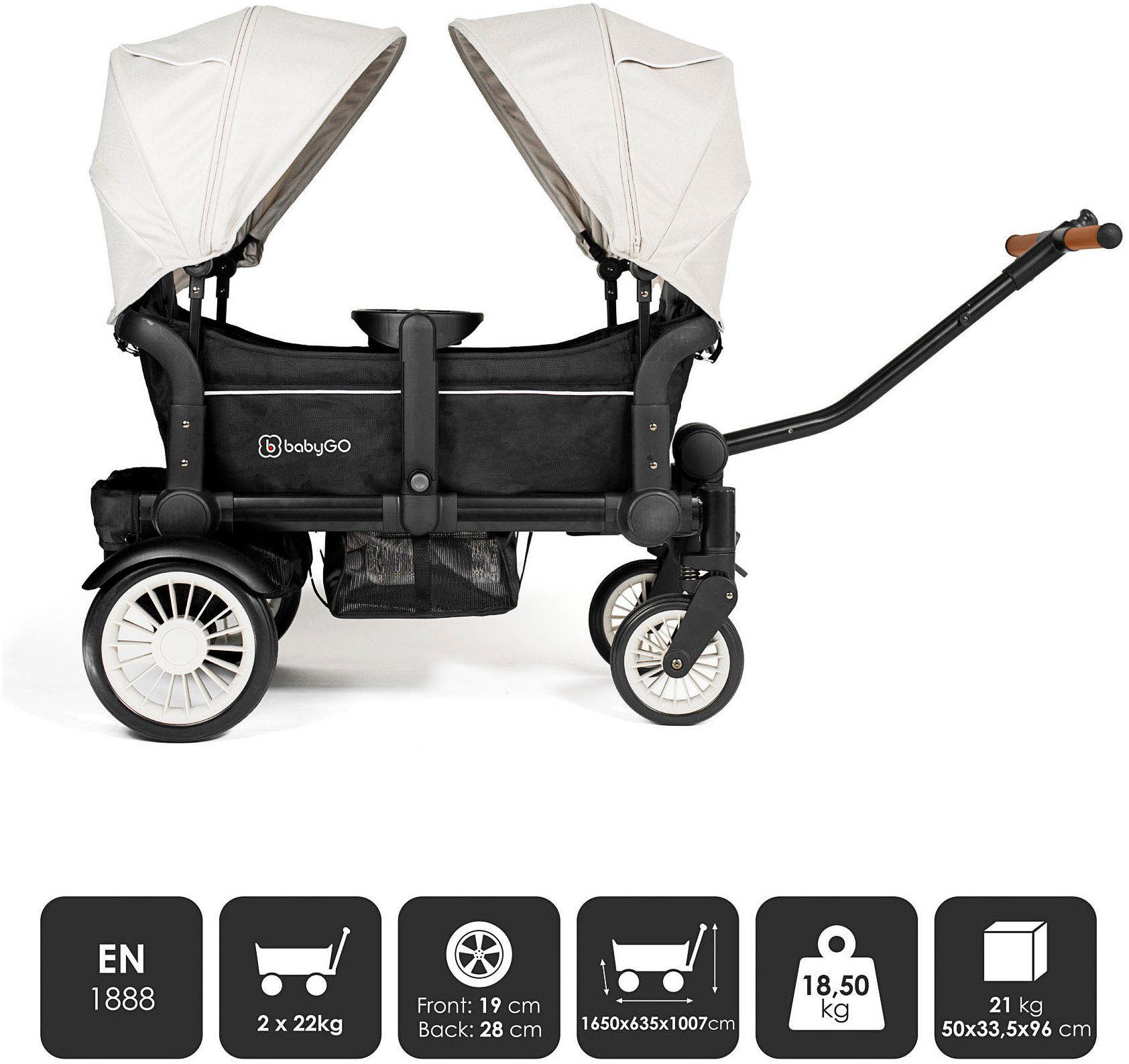 BabyGo Bollerwagen Cozy Rider (Set, 7-tlg., inkl. 2x Sonnenschutz, Tisch, Moskito- u. Regenschutz, Flaschenhalter), klein zusammenfaltbar
